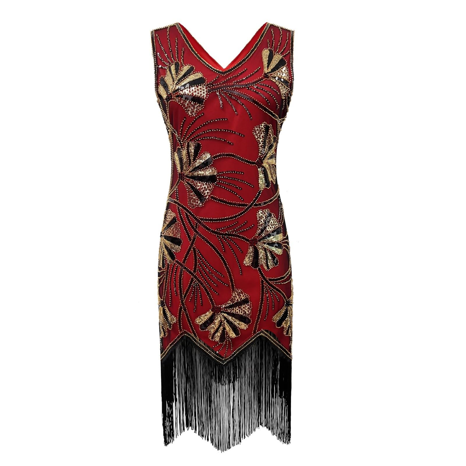 Générique Abito elegante con chiusura a scatto, stile retrò, senza maniche, scollo a V, con paillettes e frange, ideale per una festa o un costume da ballo.