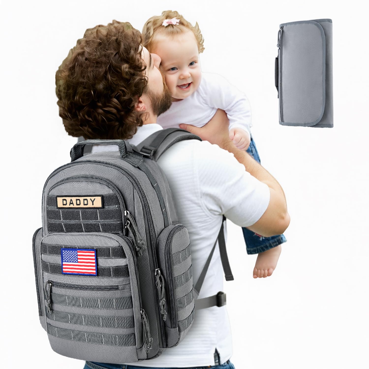 SHARKMOUTH Diaper Bag with Changing Pad - Large Military Baby Diaper Backpack for Hiking Travel Camping - Army Style for Men Active Dad Gray