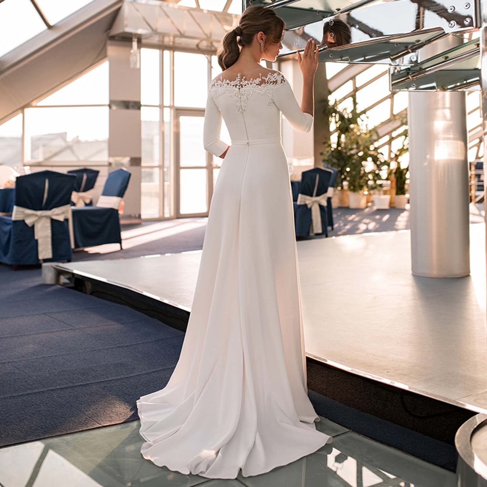 Vestido de Novia Retro, Vestido de Novia de 3/4 Mangas con Cremallera de Satén sobre Hombros, Blanco, 14W