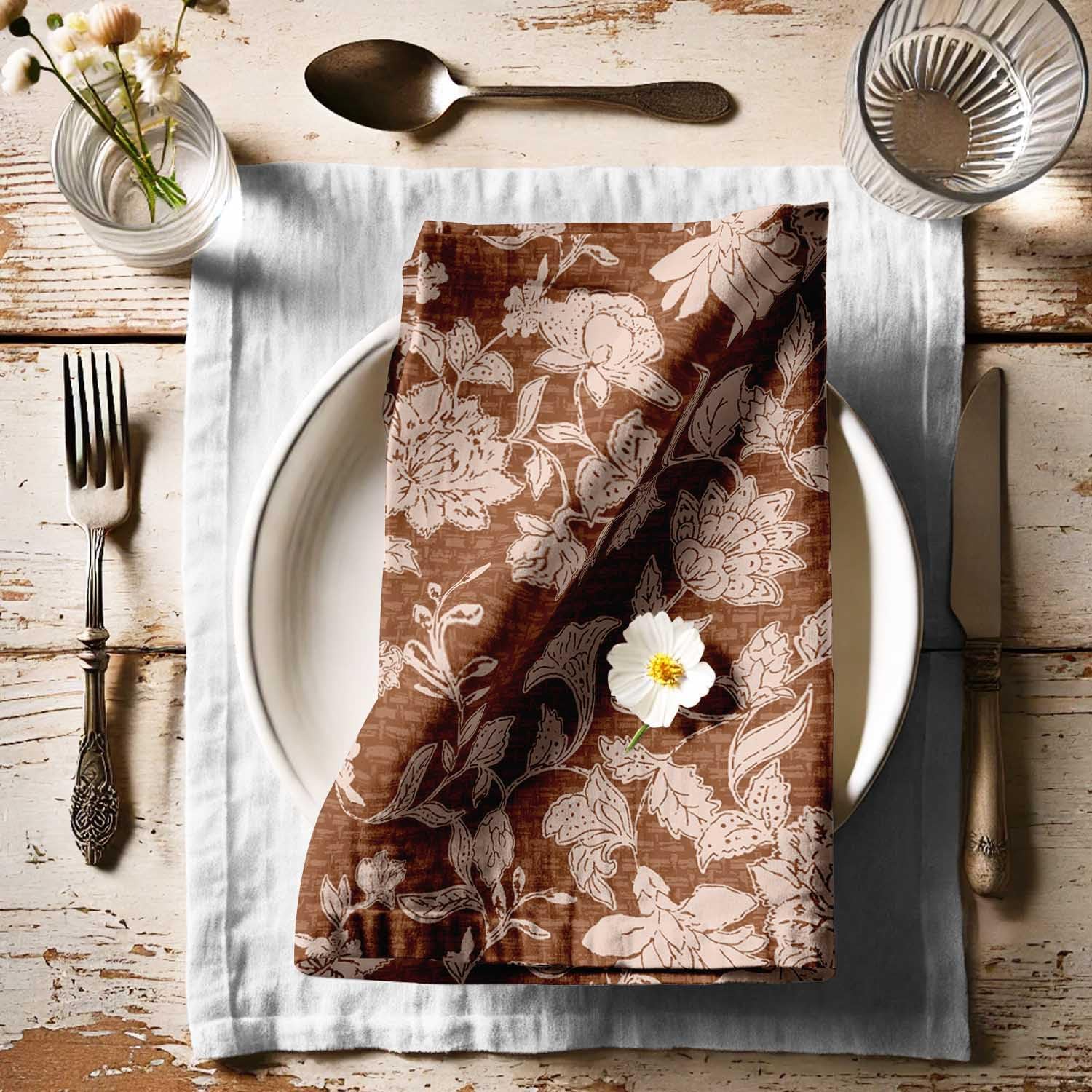 Rustic Brown Floral Block Print Cotton Napkins - Set of 4, 20x20 Inches, Earthy Ethinc Elegance Print Table Linens for Farmhouse, Spring & Summer Parties, Everyday Use- Machine Washable