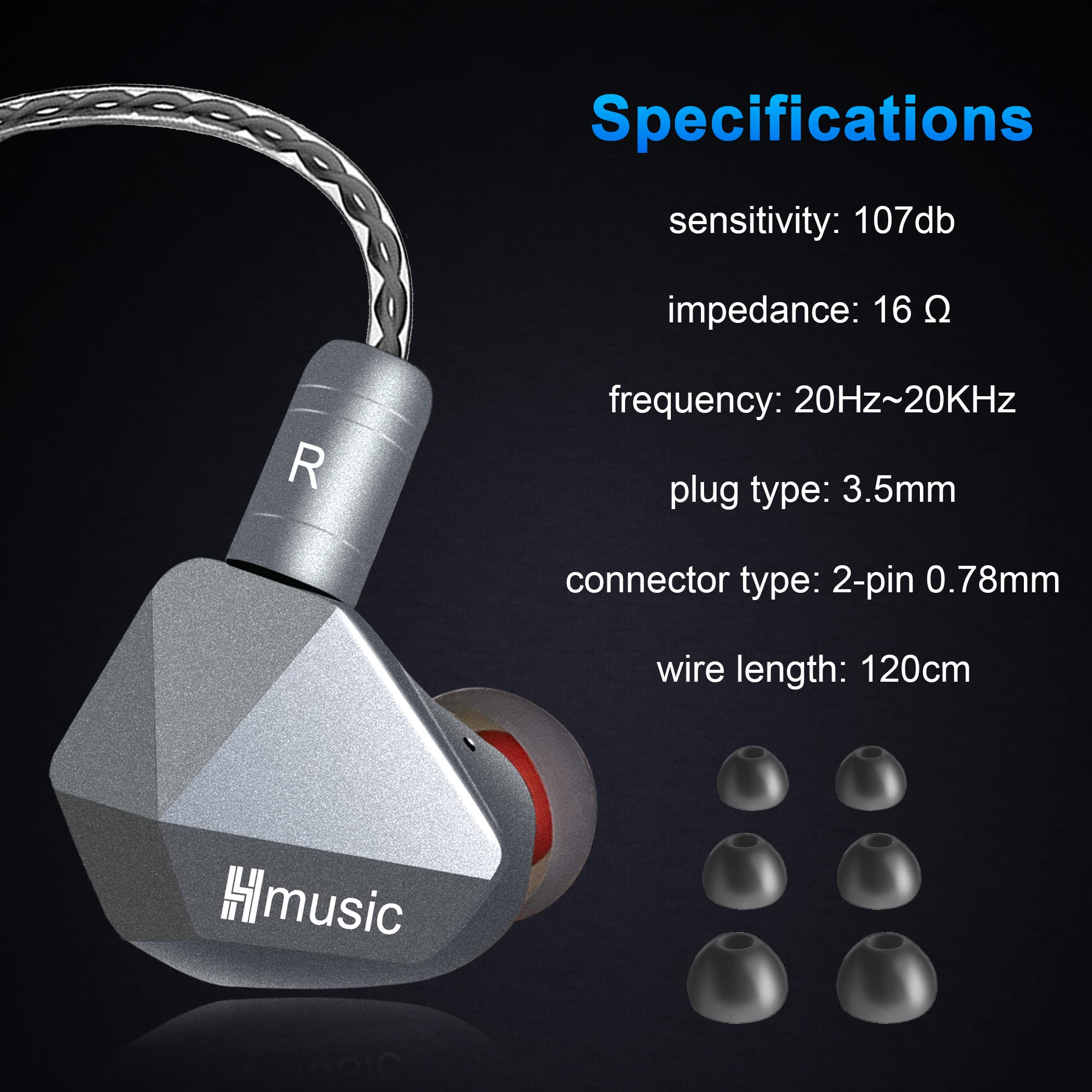 Hmusic Słuchawki IEM, Przew. Wkładki HiFi Stereo z Odczep. Kablem | Izol. Hałasu, Dualne Magn. Dynam. Przetworniki, Monitory Douszne HiFi Stereo dla Piosenkarzy, Muzyków (Bez Mik)