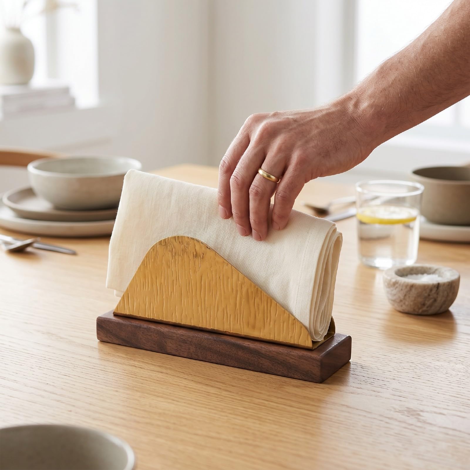 Servilletero de Gran Capacidad de Estilo Nórdico | Soporte de Pañuelos de Acero Inoxidable Dorado con Base de Madera para Mesa, Cocina, Restaurante y Cafetería (joroba única)