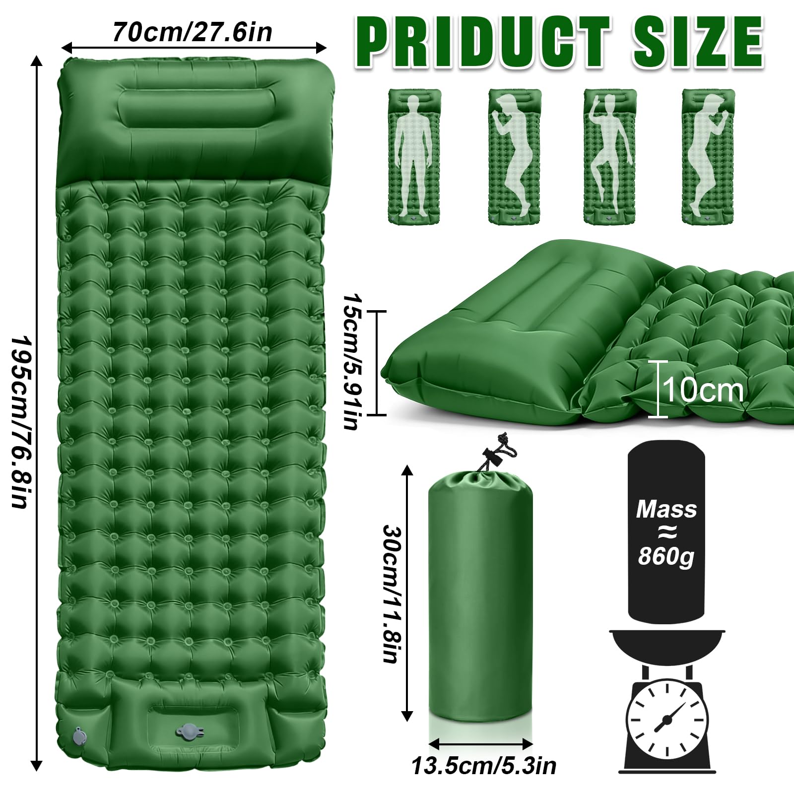 Colchón Autoinflable para Camping Impermeable con Bomba de Pie y Almohada Ultraligera Portátil