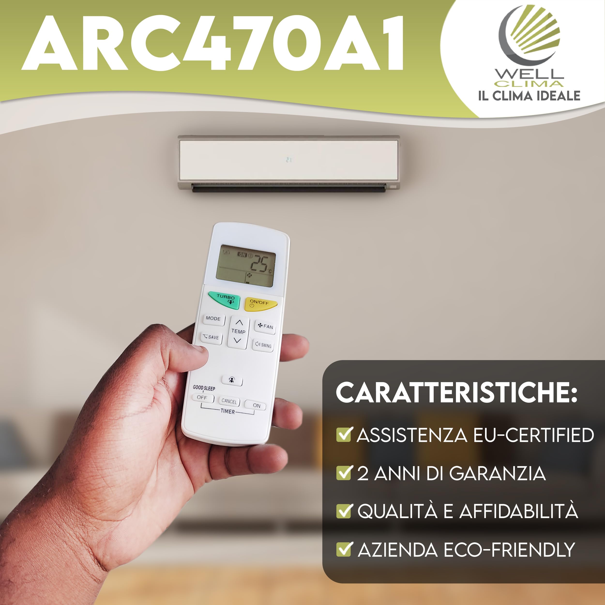 Wellclima telecomando ARC470A1 per condizionatore compatibile con Daikin e Siesta serie ARC470** (A1, A2, A3, A4?.. A21) con ARC455A1, ARC469A5 | per climatizzatore, pompa di calore, inverter