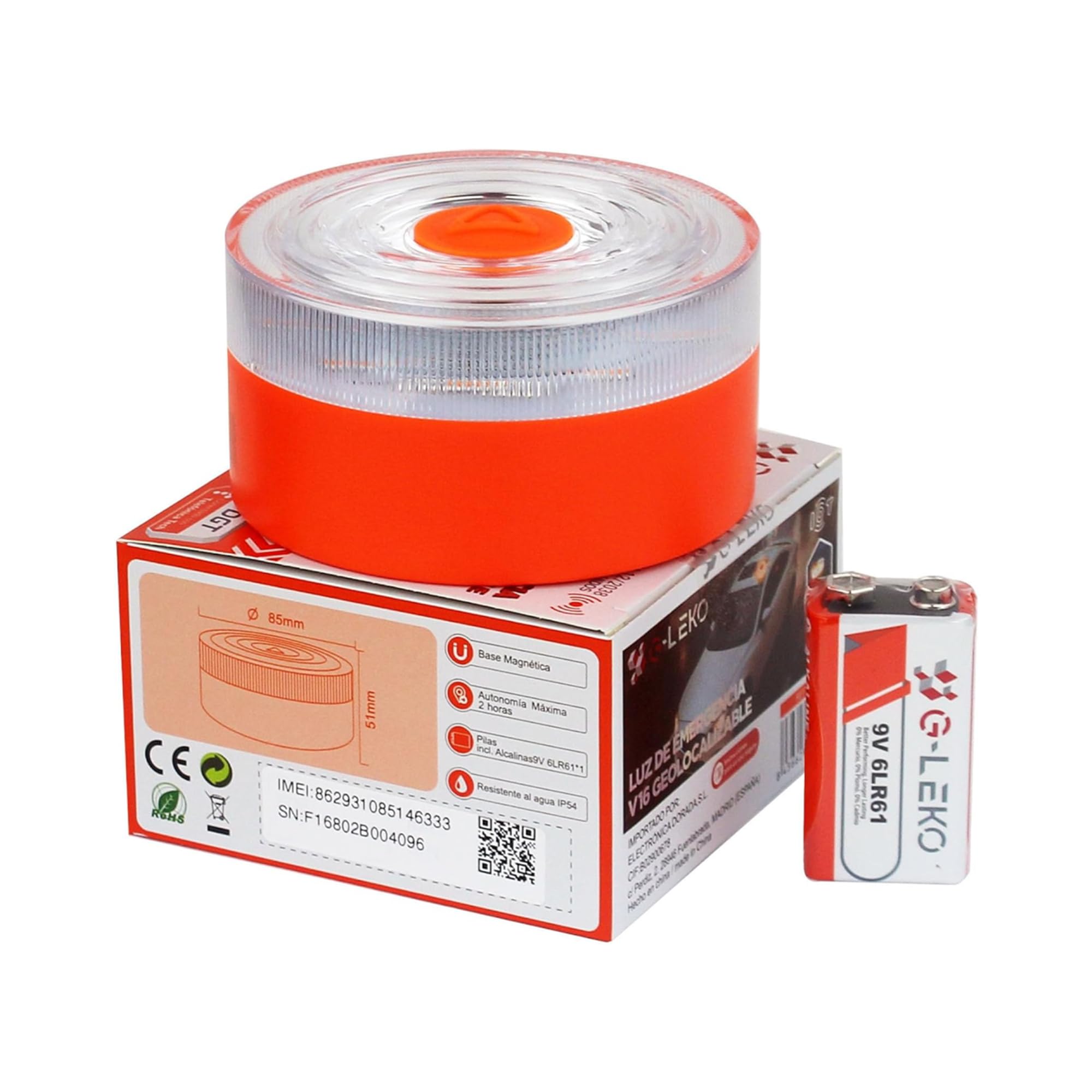 G-LEKO Luz Emergencia Baliza V16 HOMOLOGADA DGT 3.0 Obligatorio 2026. Geolocalización con Datos Incluídos hasta 2038. Señal V-16 Luz LED Mayor Visibilidad >1km y 360° con Base Imantada IP54 *3u
