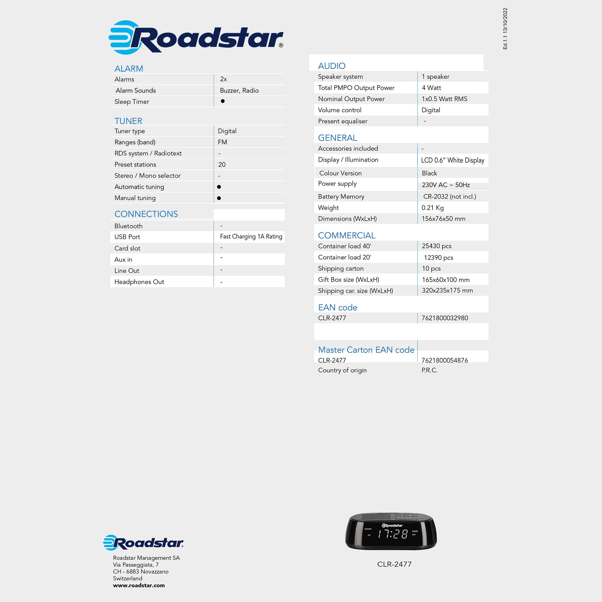 Roadstar CLR-2477 Radio Sveglia FM PLL, Porta USB a Ricarica Rapida, 2 Allarmi, Ampio Display LCD, Funzione Snooze, Timer per il Sonno, Memoria per 20 Stazioni, Nero