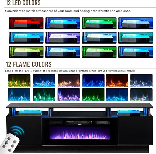 Miniatura 4 de oneinmil Soporte de consola de TV de 2 niveles con chimenea eléctrica de 36 pulgadas, centro de entretenimiento con luz LED para televisores de