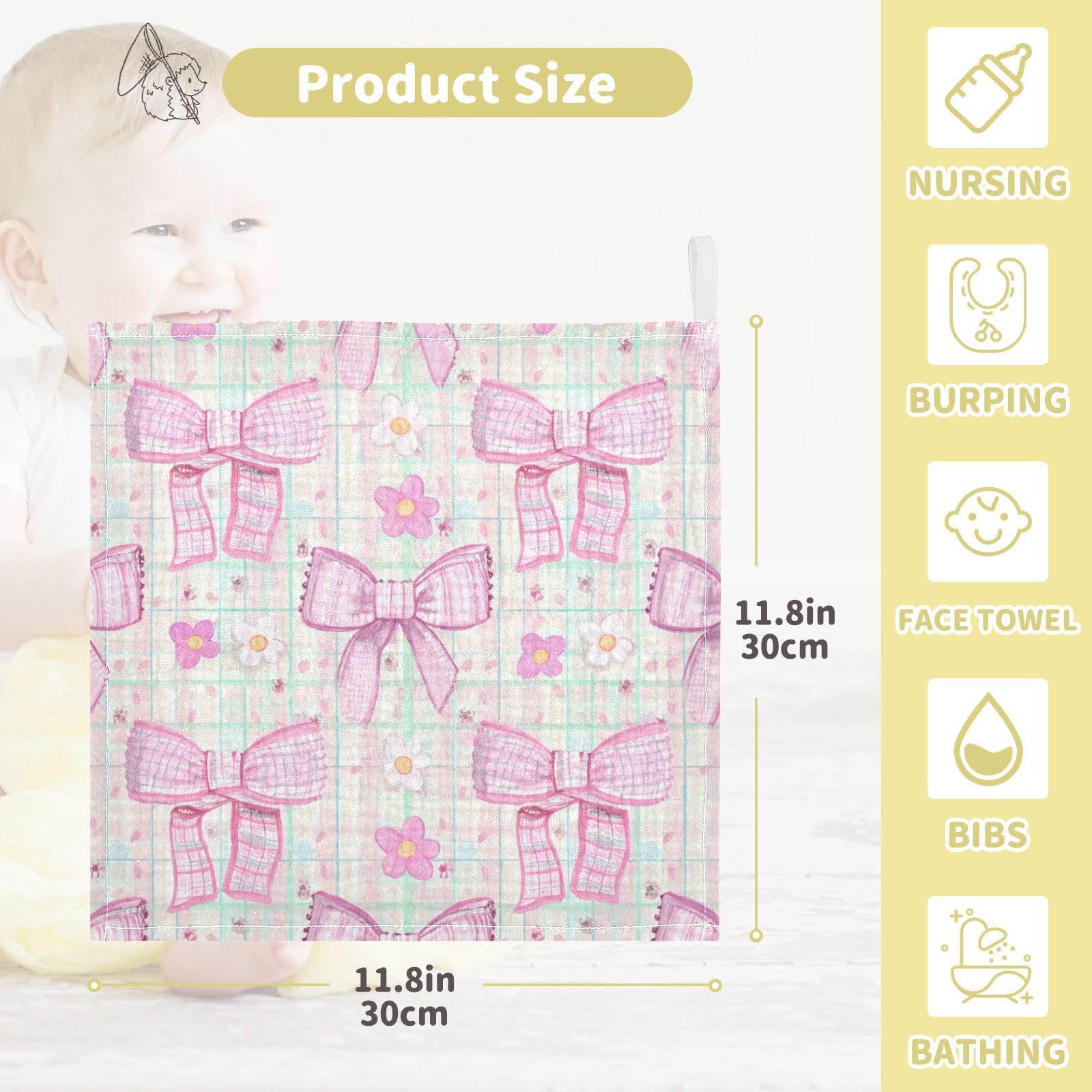 Nander 5Pack Baby Muslin Washcloths,Cute Pink Bows Soft Face Cloths for Newborn, Absorbent Bath Wash Cloths, Wipes, Burp Rag,Toddlers Essentials Stuff, Baby Registry as Shower