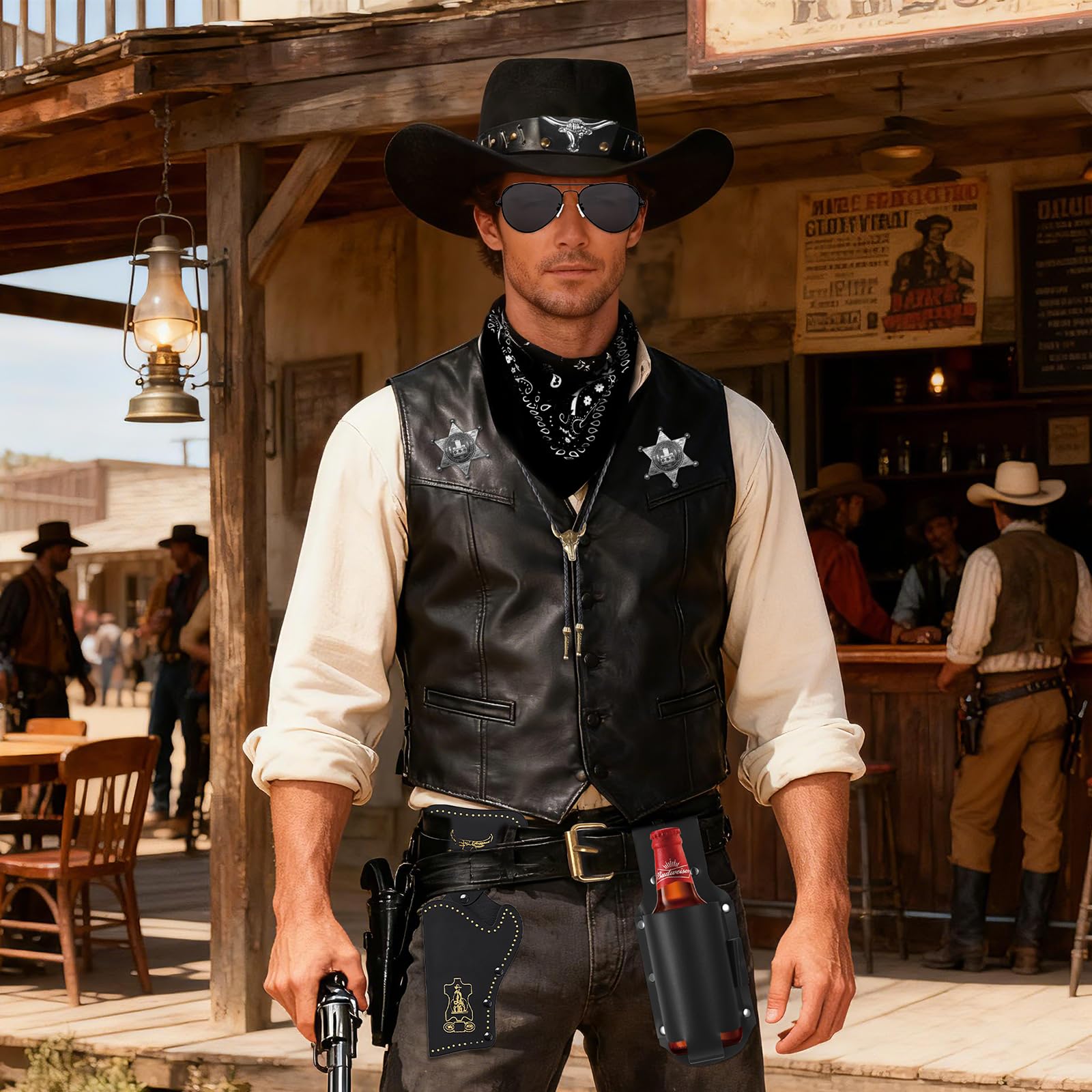 9-częściowy kostium kowbojski western, zestaw z kapeluszem, okularami, naszyjnikiem, uchwytem na kufel piwa, bandaną, kaburą, odznakami, paskiem na karnawał, na imprezę tematyczną, cosplay
