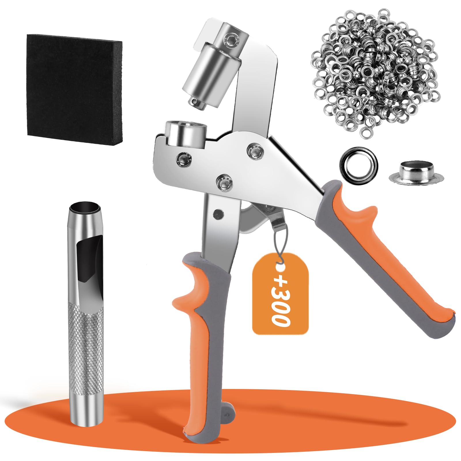 Riveting Machine Eyelets with 300 Eyelets Ø 10 mm Press for Tarpaulins Fabric Curtains Awning PVC Leather - Hand Metal Eyelets Locking Grommet Pliers Orange