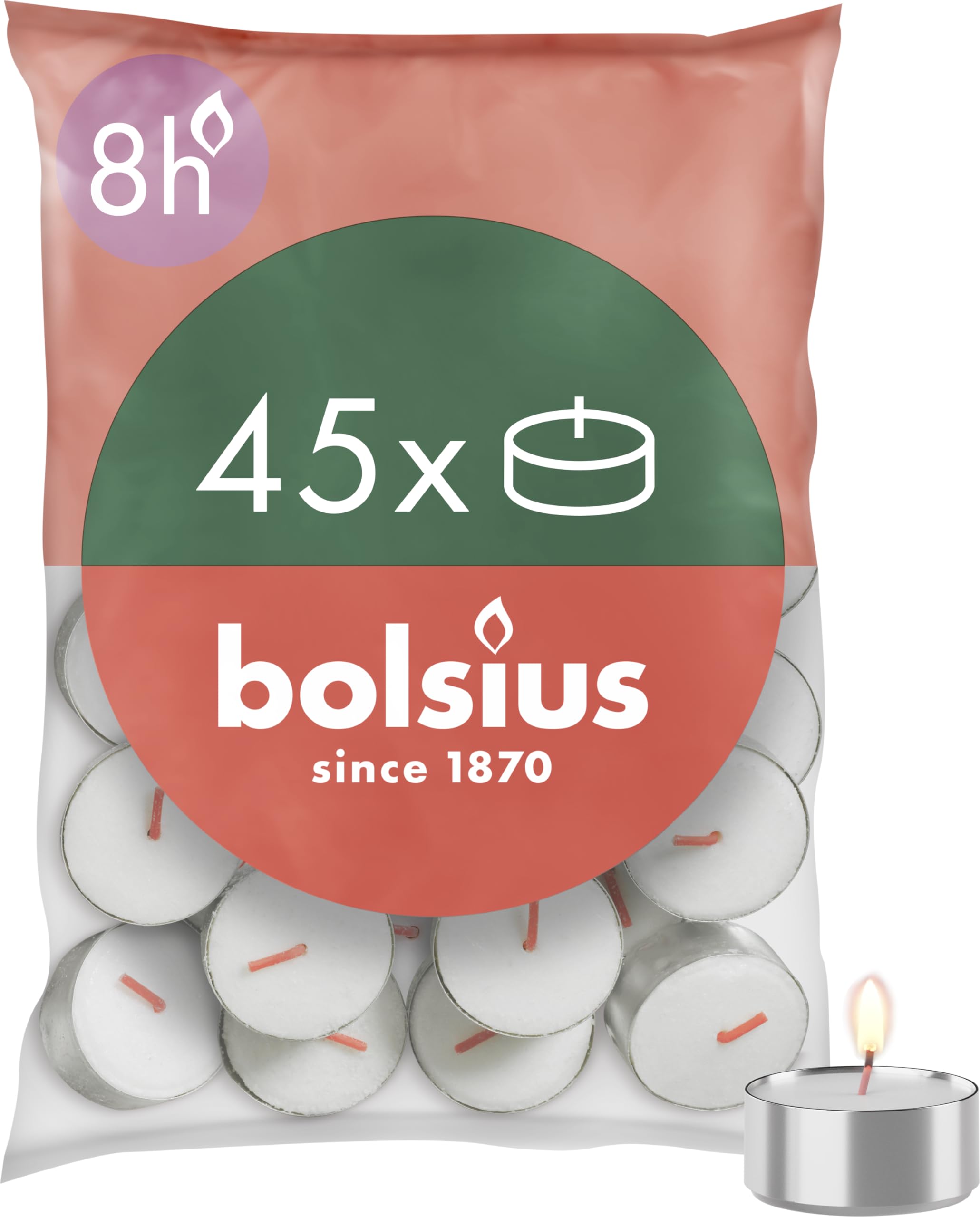Bolsius - D-light - Velas de Té - 45 Unidades - Duración de Combustión: 8 Horas - Velas Decorativas para el Hogar - Contiene Cera Vegetal Natural - Sin Aceite de Palma