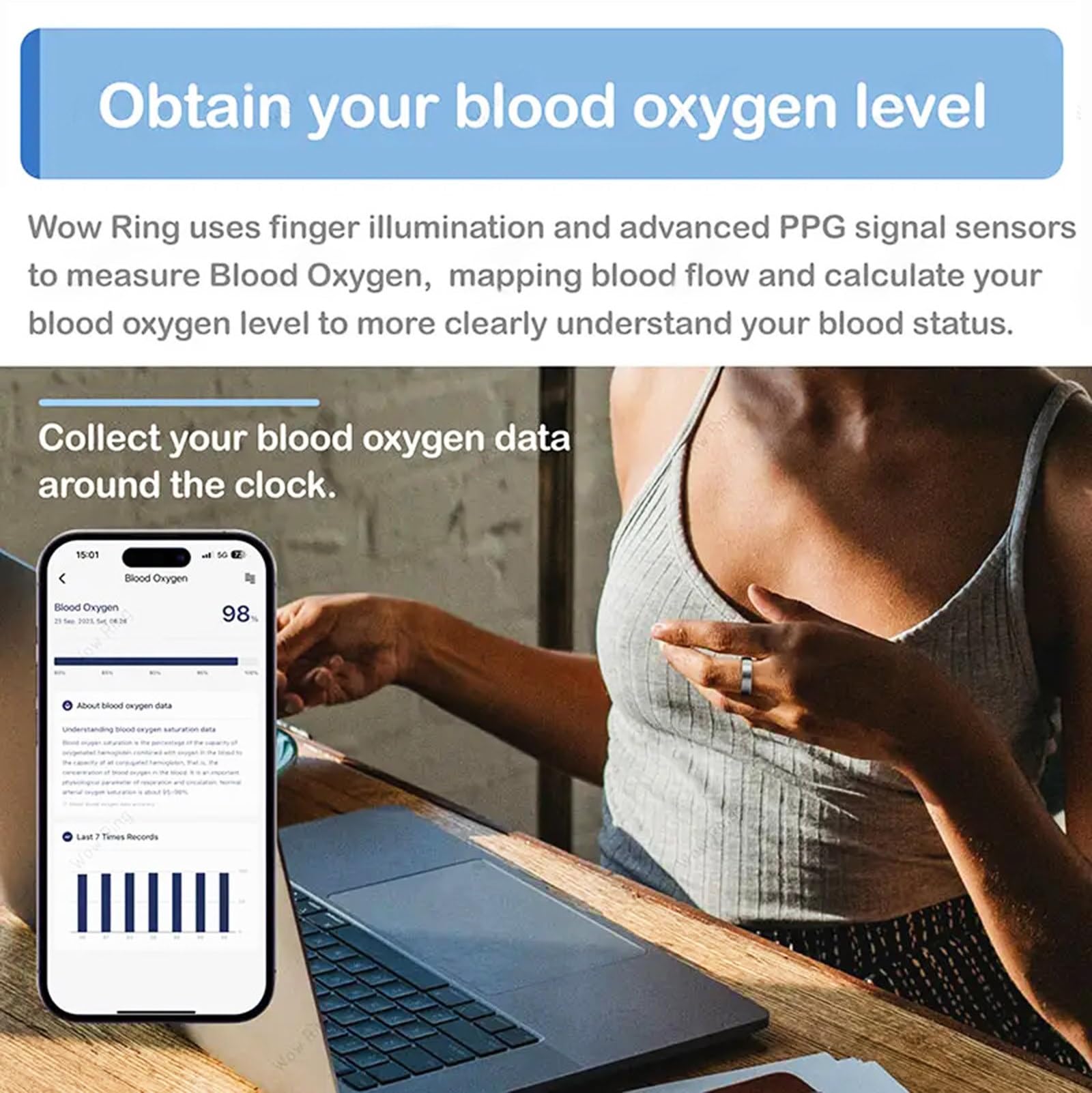 Smart Ring Health Tracker con Bluetooth 5.1, cardiofrequenzimetro, monitoraggio dell'ossigeno nel sangue, temperatura corporea, monitoraggio del sonno, compatibile con iOS e Android