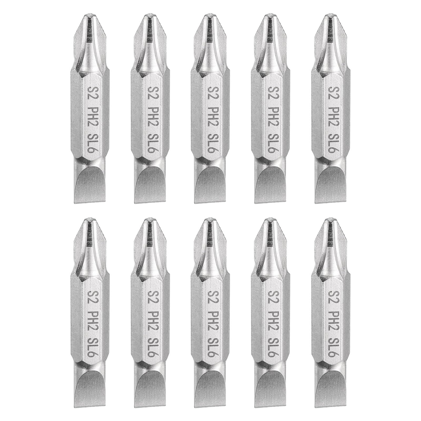 sourcing map 10pcs Magnetic Double Ended Screwdriver Bit PH2/SL6 1.5" Length 1/4" Hex Shank S2 Steel Phillips Cross Slotted Flat Screw Driver Bit, Silver