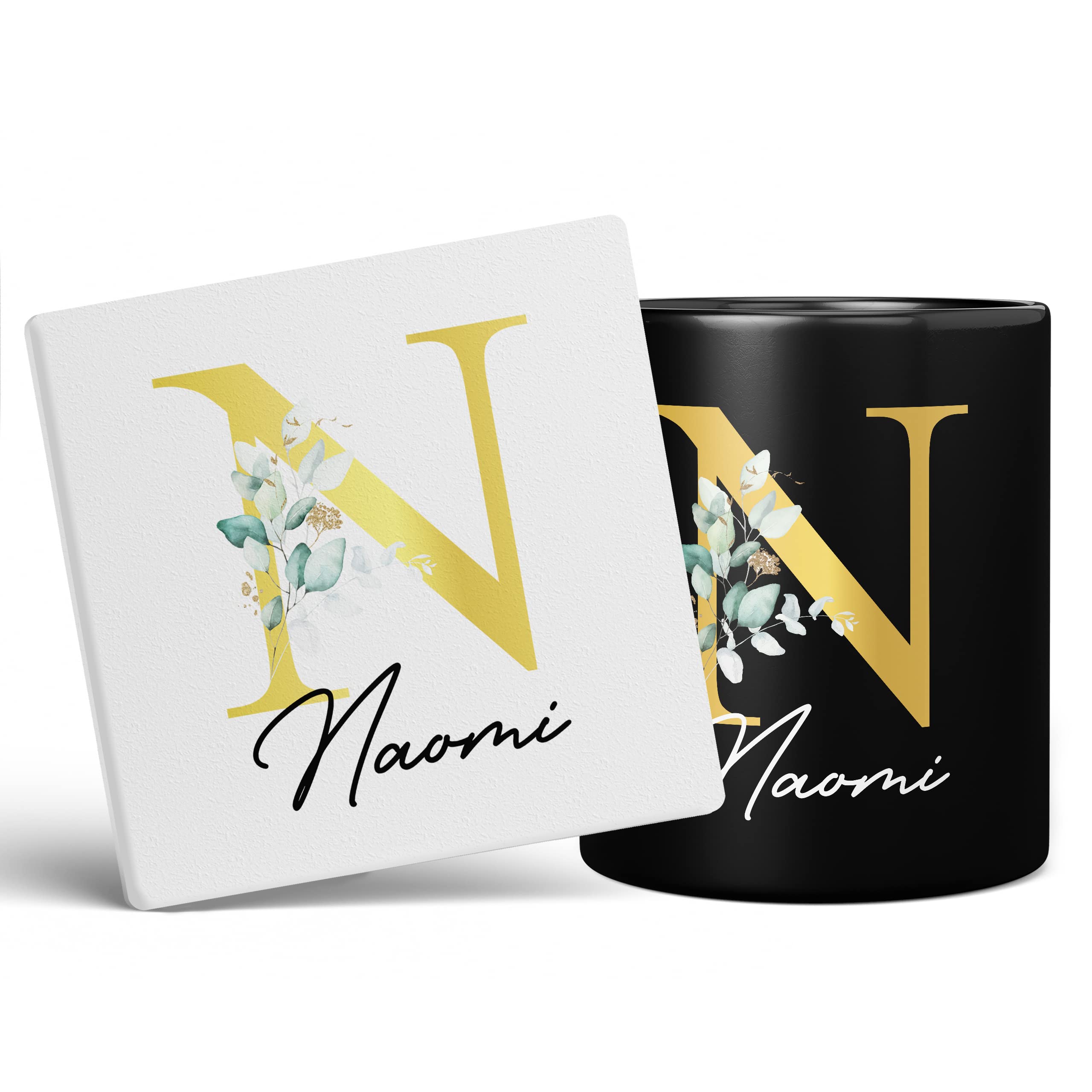 Personalised Letter N Floral Mug Initial with Name, Customised Gift, Gold Effect Printed Letter, NOT Metallic - Ceramic Coffee Cup for Men or Women, Extra Large and Giant Mug, 11oz Black Cup & Coaster