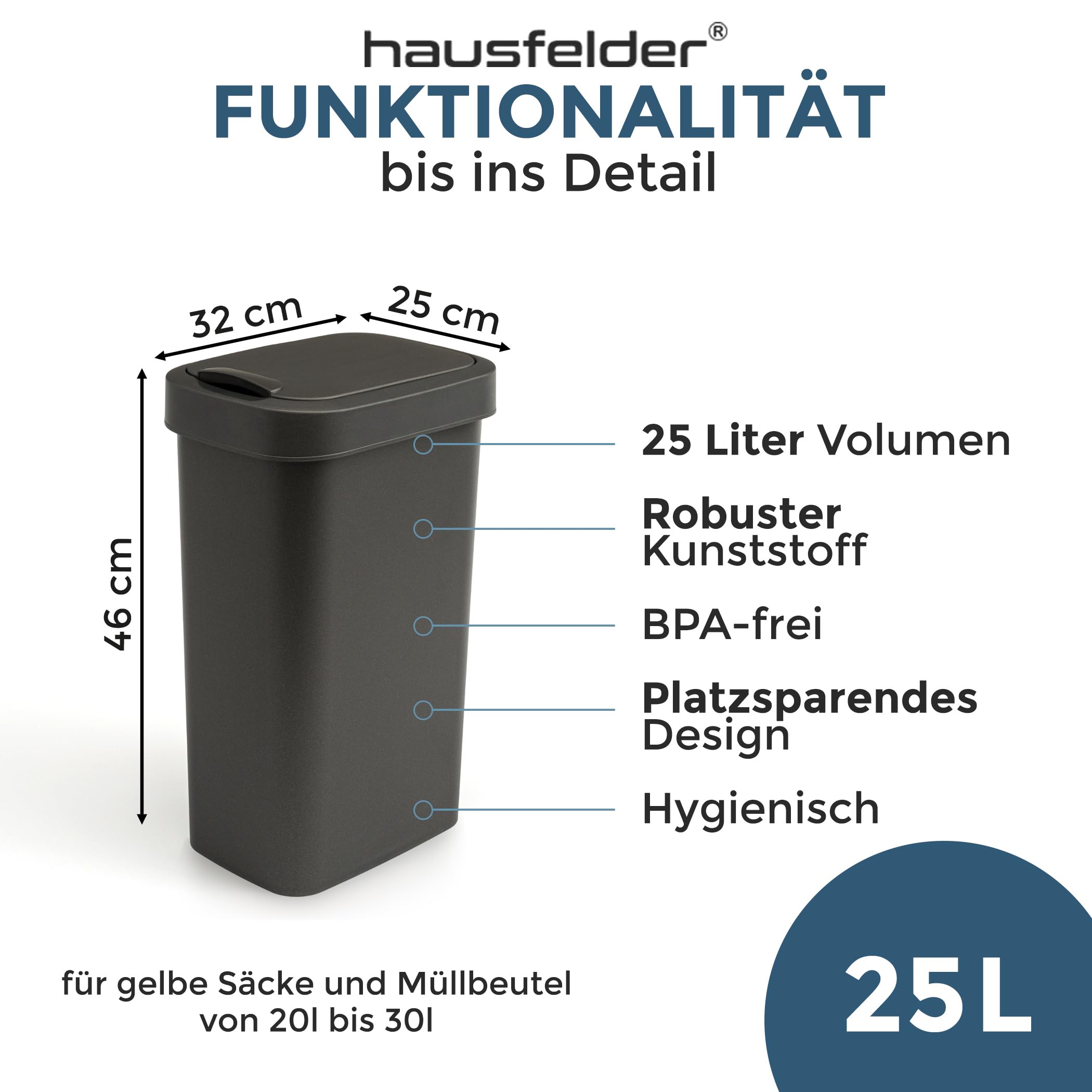 Hausfelder Mülleimer, 3er Set, 3x25, Schwarz | 3er Set, 3x25, für Küche, mit Deckel, Mülleimer, schwarz, Abfalleimer