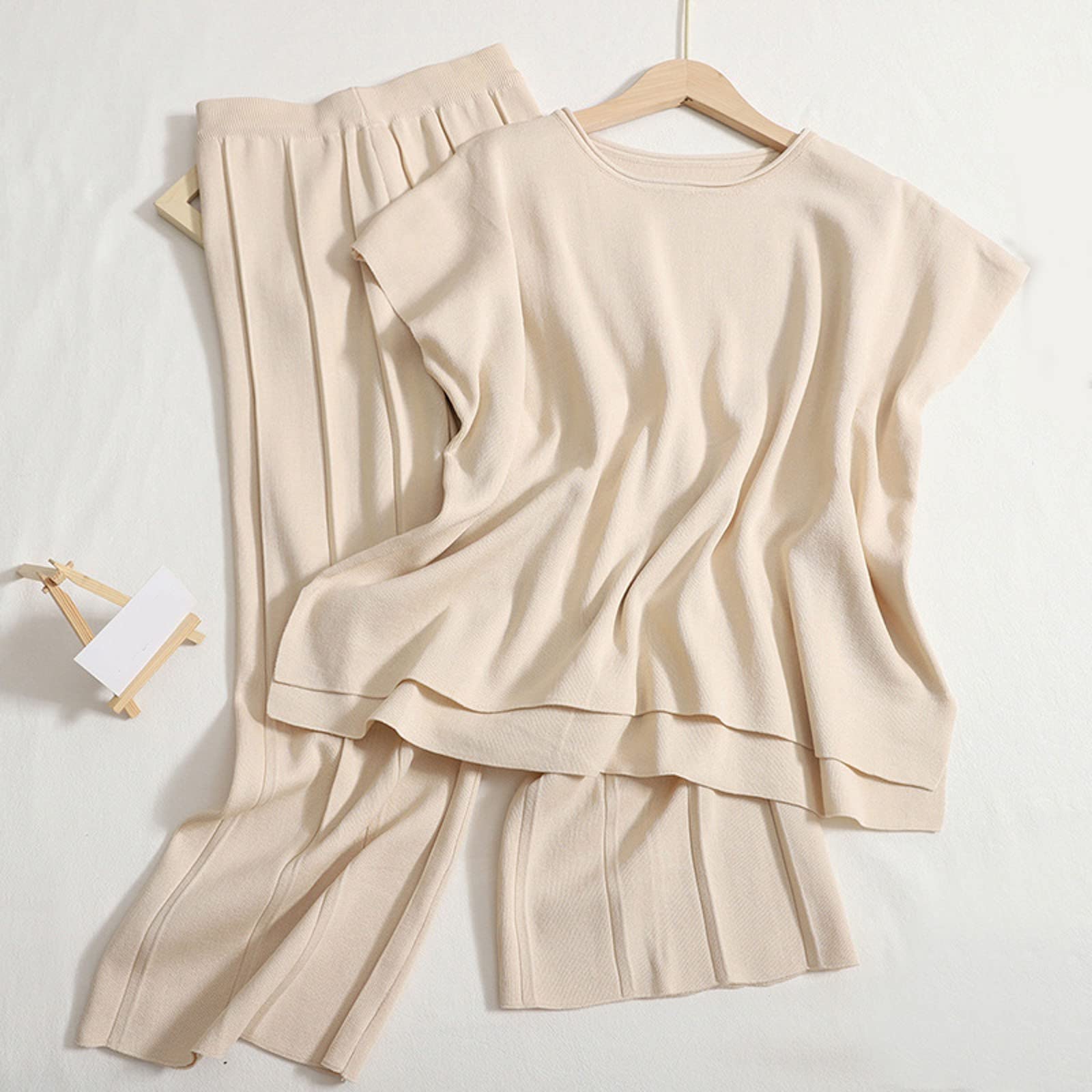 Ensemble Femme Pantalon Et Haut Chic Tailleur Lin Printemps Décontracté Combinaison Respirant Ensembles Survetement Loungewear Deux Pièces pour Été Gilet Manches Longues Large en Tricot Élégant
