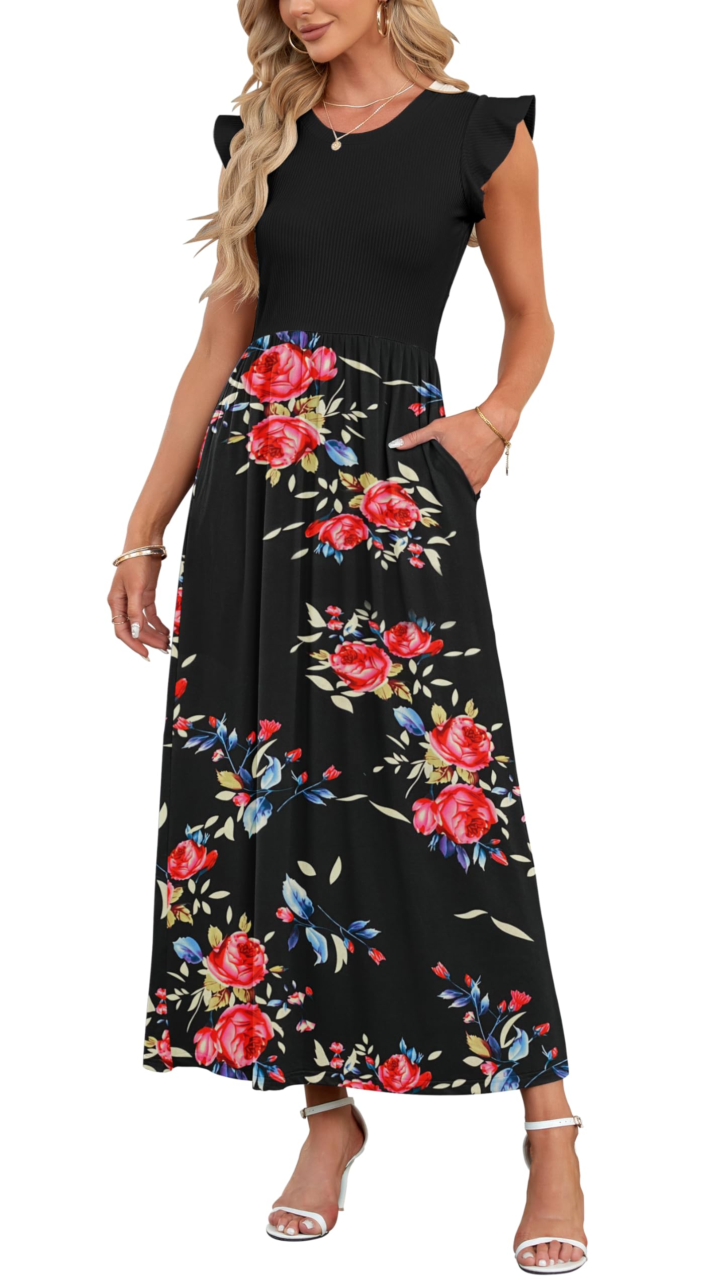 AUSELILY Damen Sommer Kurzarm Rundhalsausschnitt Lockeres Maxikleid Lässiges Hohe Taille Langes Kleid mit Taschen(Rose Schwarz,M)
