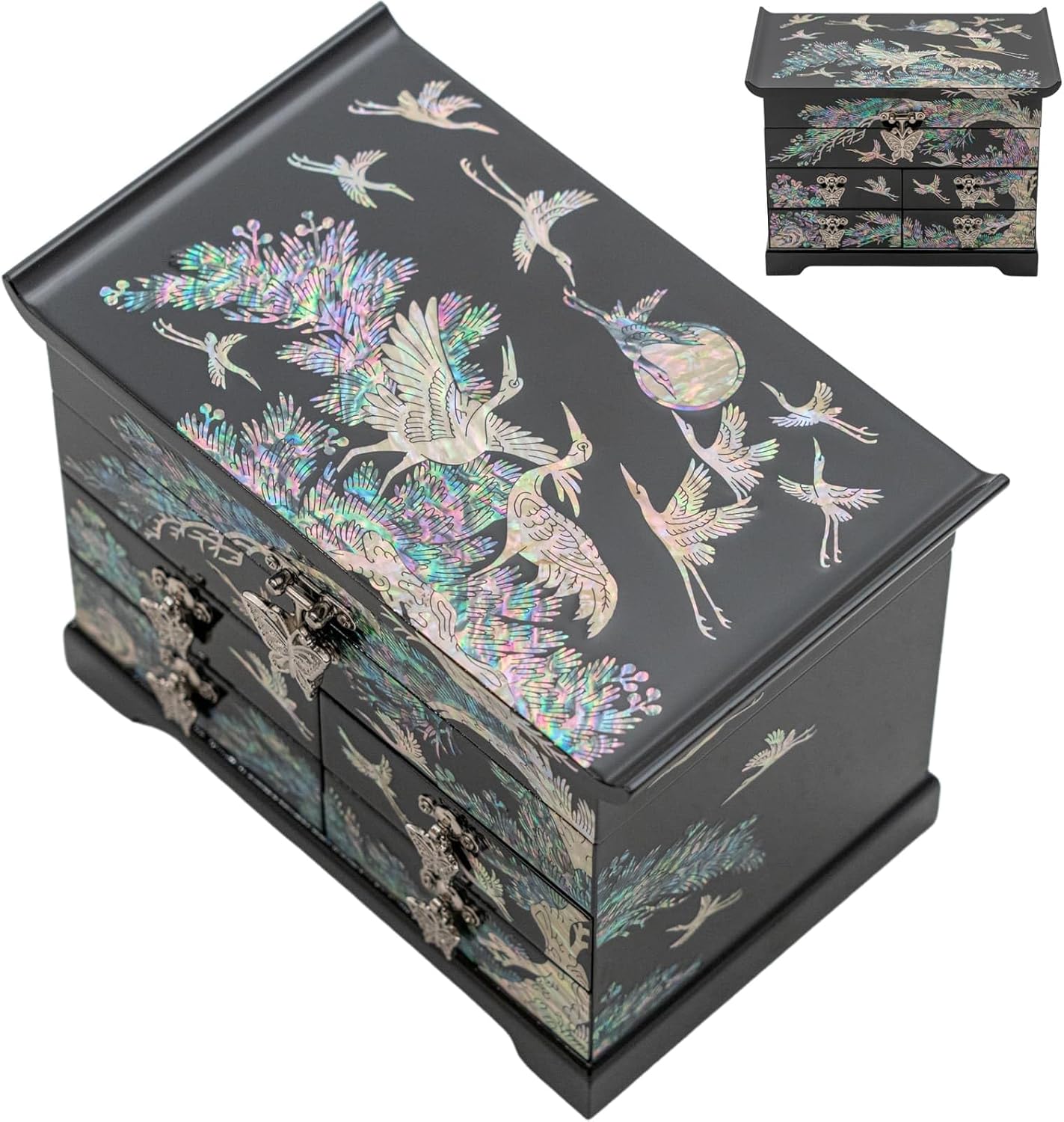 February Mountain Mother of Pearl Wooden Jewelry Organizer Box – Jewelry Storage Box for Women, Features Spacious Drawers, Ideal for Rings, Bracelets, Watches, Chains, Accessories (Crane_Black)