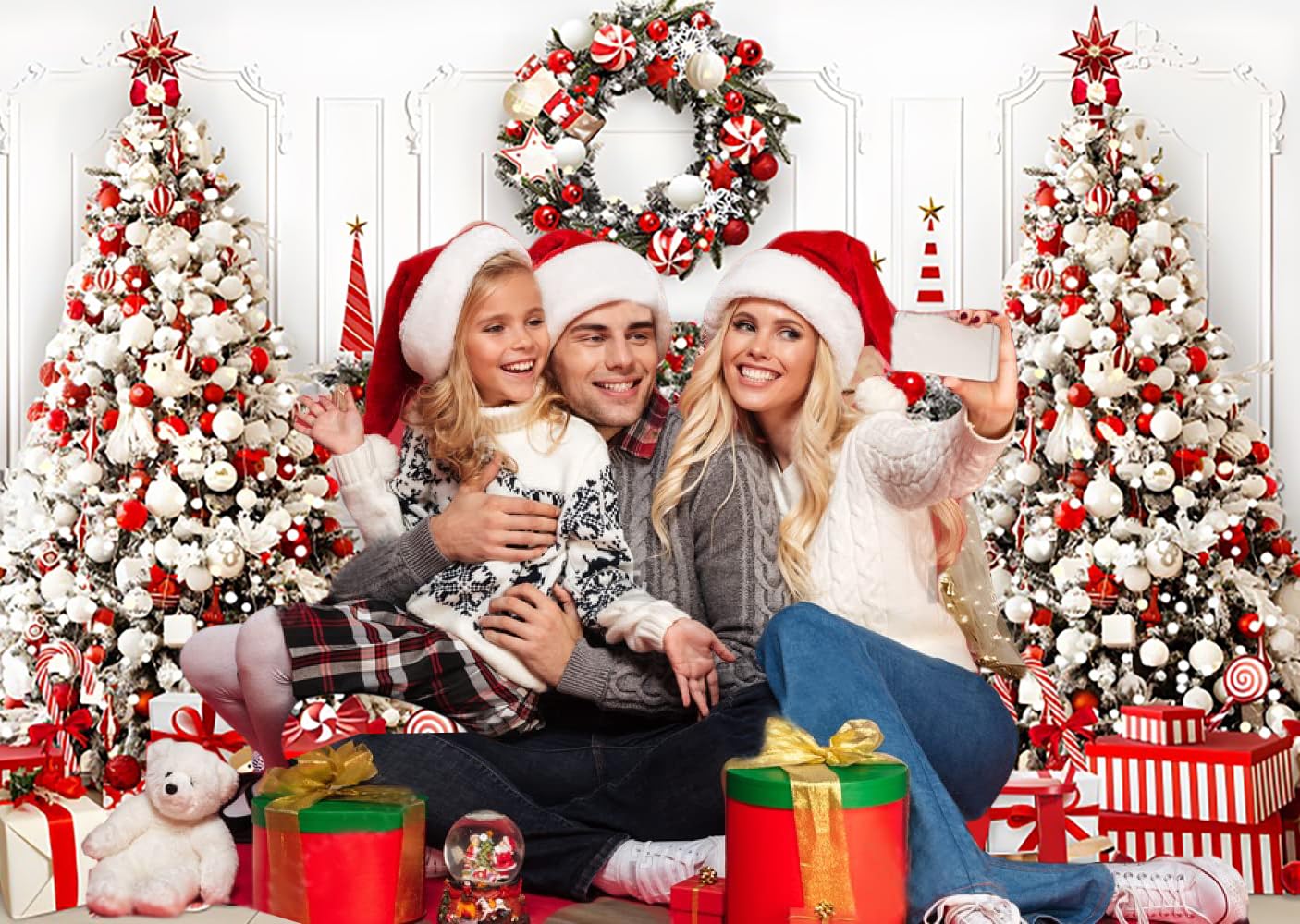 3x2.4m Toile de Fond Noël Photo de Noël Cheminée Blanc Rouge Arbre de Noël Fond Photographique Famille Enfants Hiver Vacances Noël Nouvel an Décorations Fête Bannière Photo Booth Props