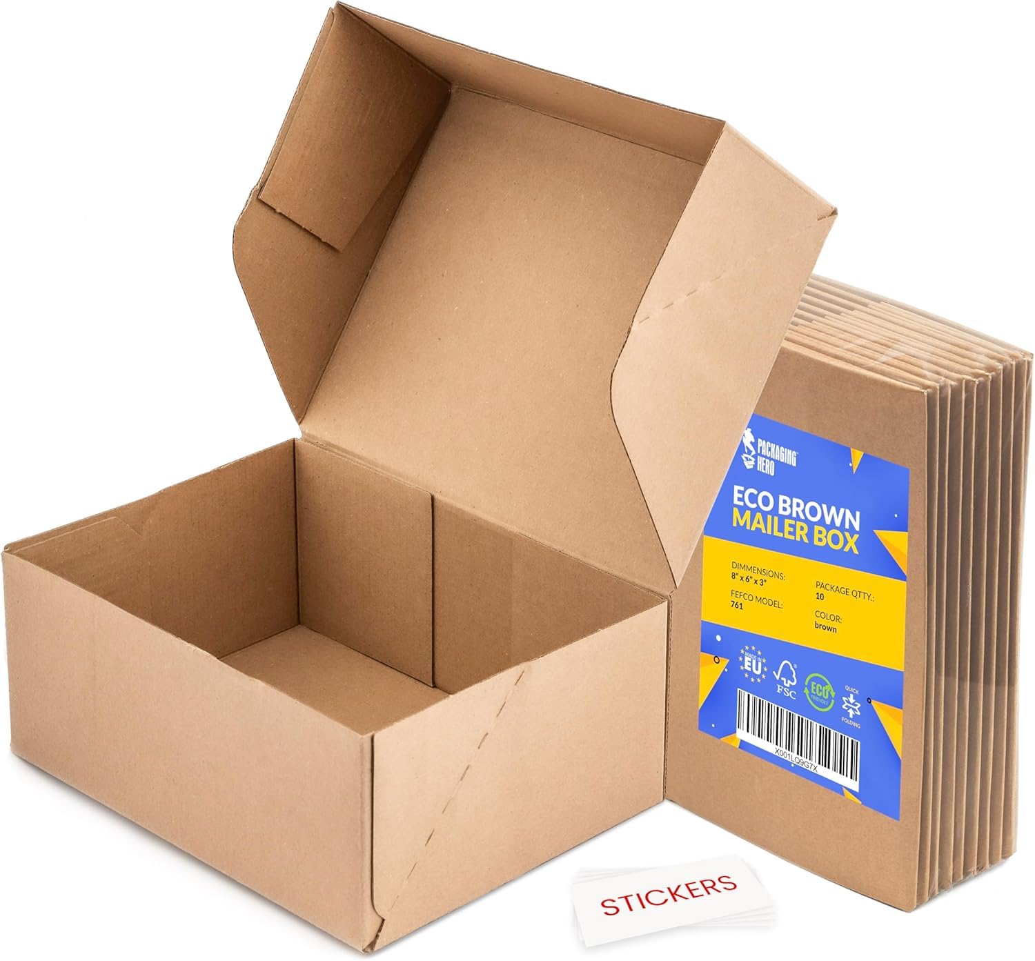 Packaging Hero 8" x 6" x 4" Corrugated Cardboard Mailing Boxes, shipping boxes, gift boxes, e-commerce boxes with free clear round stickers (Pack of 10)