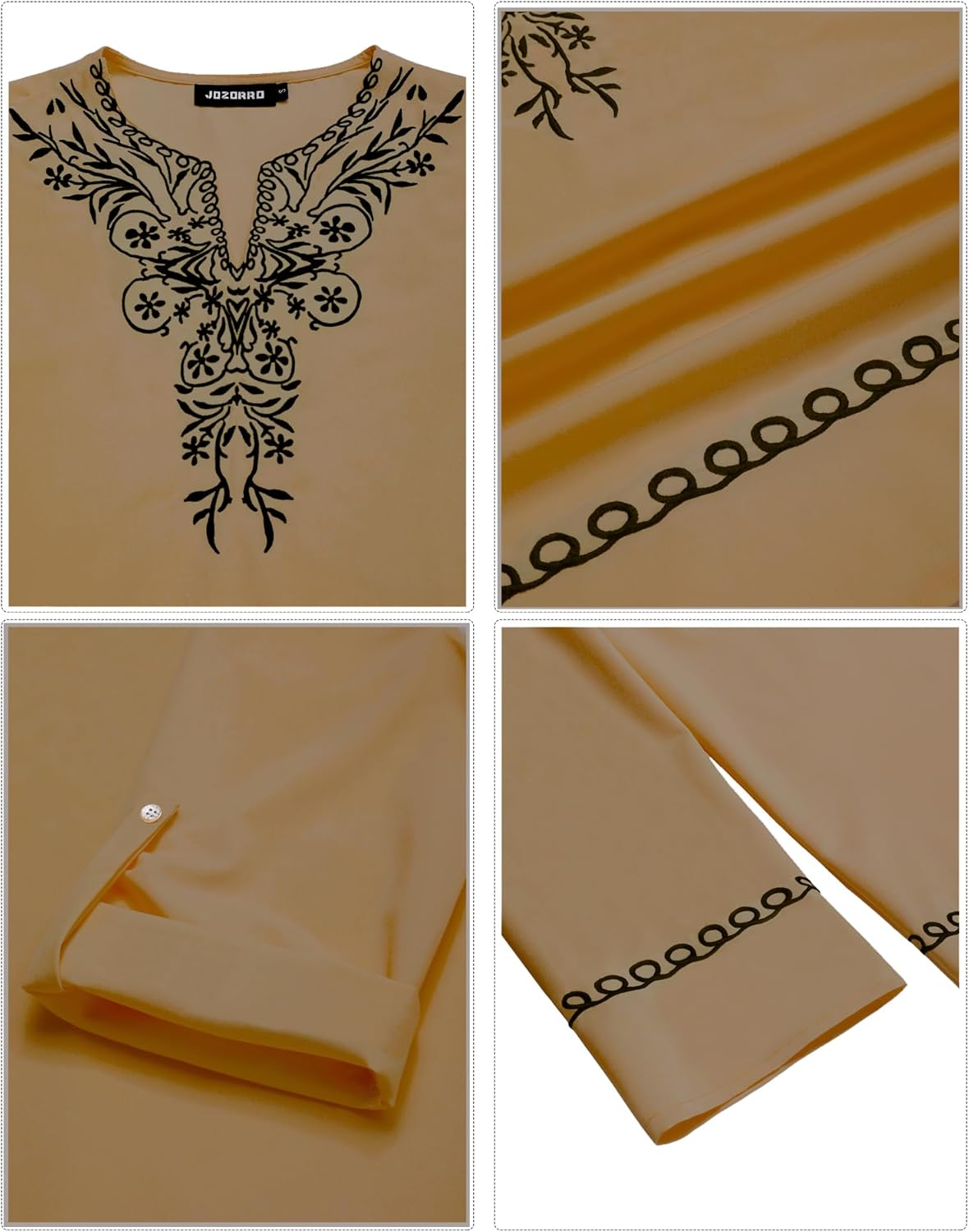 JoZorro Mens Polyester Linen V Neck Henley Shirt Long Sleeve Caftan Handmade Tunic Embroidered Casual Beach T Shirts - Image 4