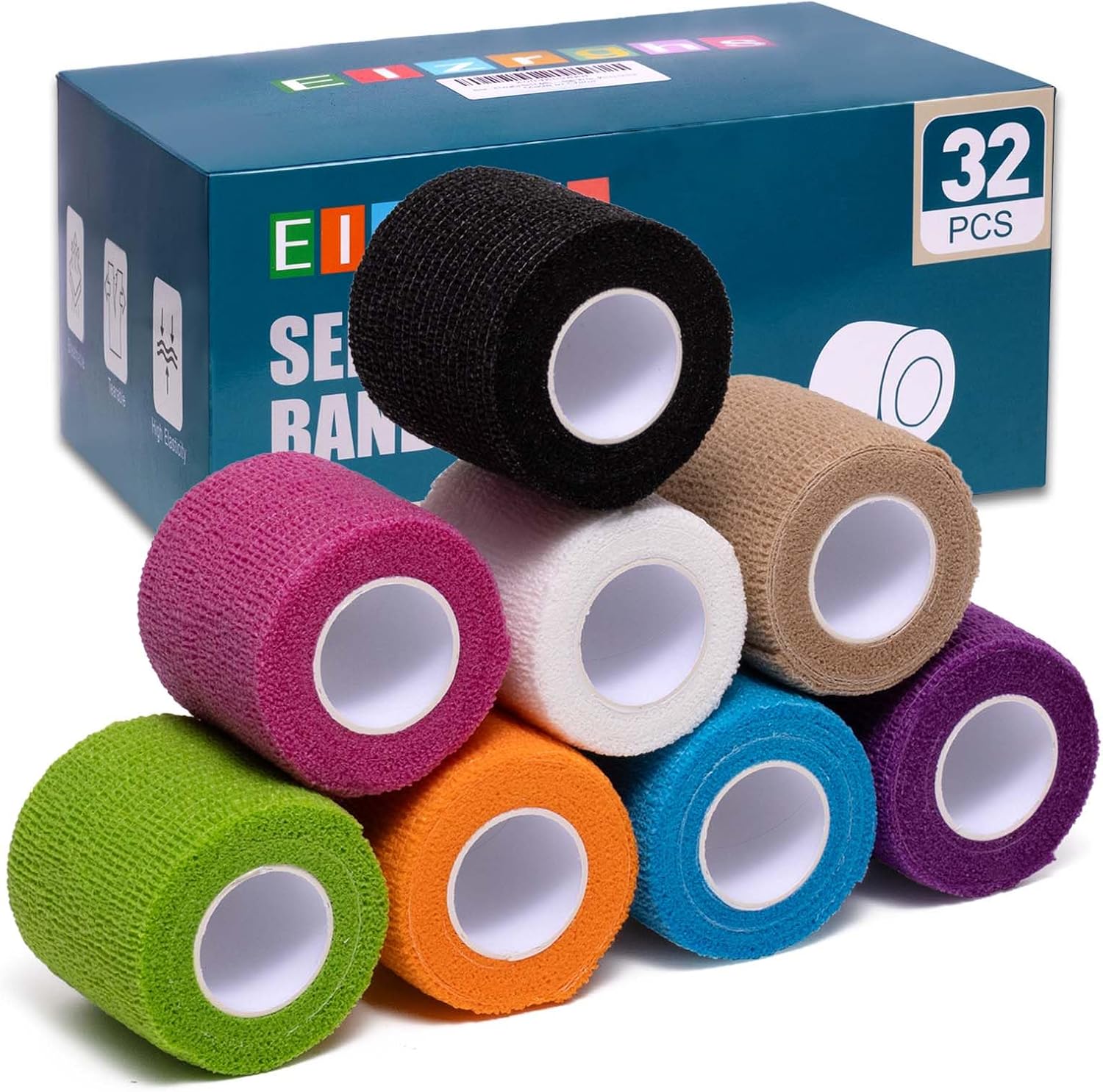 Self Adhesive Bandage Wrap, 32 Pack, 2″ x5 Yards, Elastic Cohesive Bandage, Stretch Athletic Tap Wrap, Vet Wrap, Multi Color