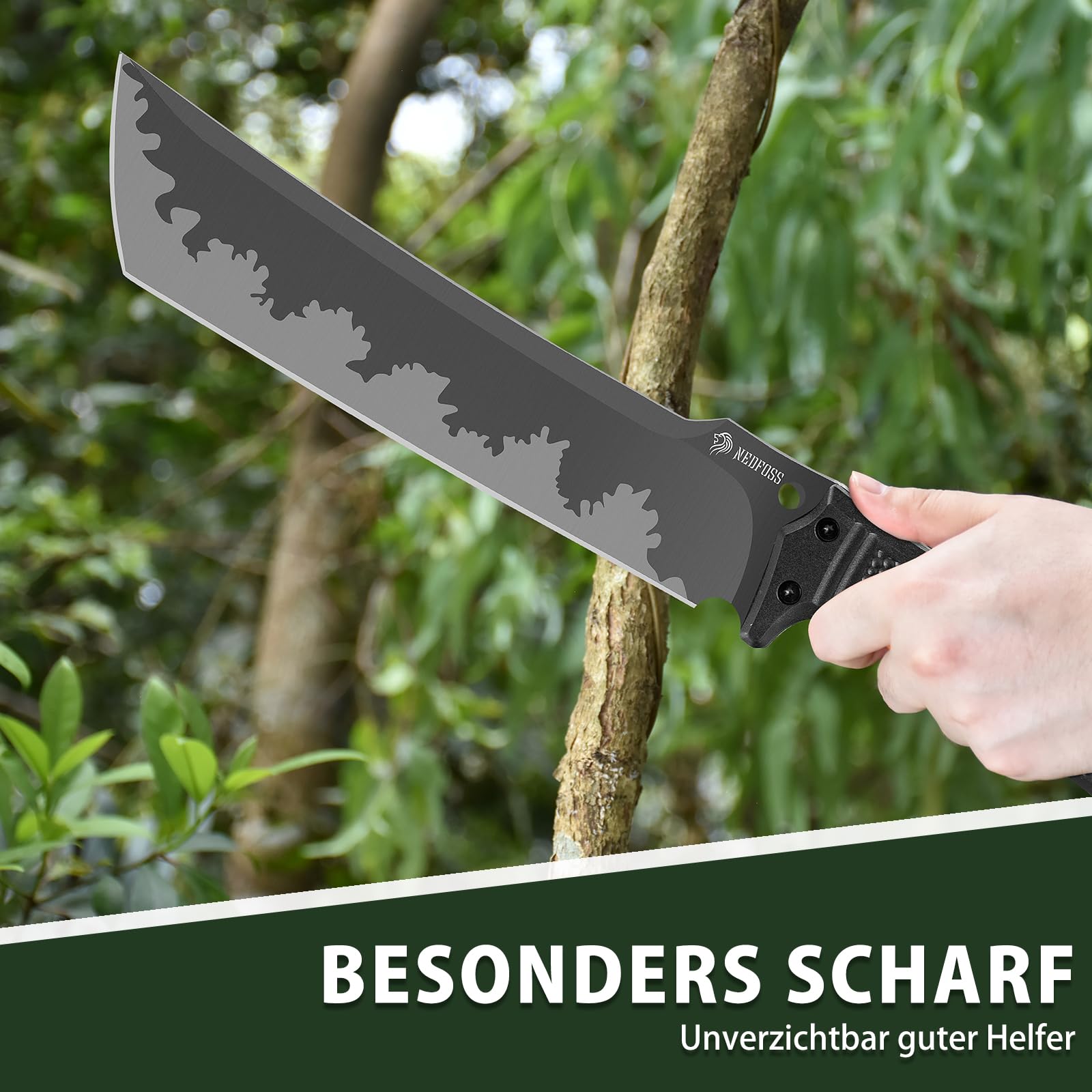 NedFoss FÖRSTER Machete, 37.5CM großes FULL TANG Survival Machete aus einem Stück Stahl mit Scheide, Scharfes Outdoor Messer, Buschmesser für Gartenarbeit, Bushcraft & Outdoor