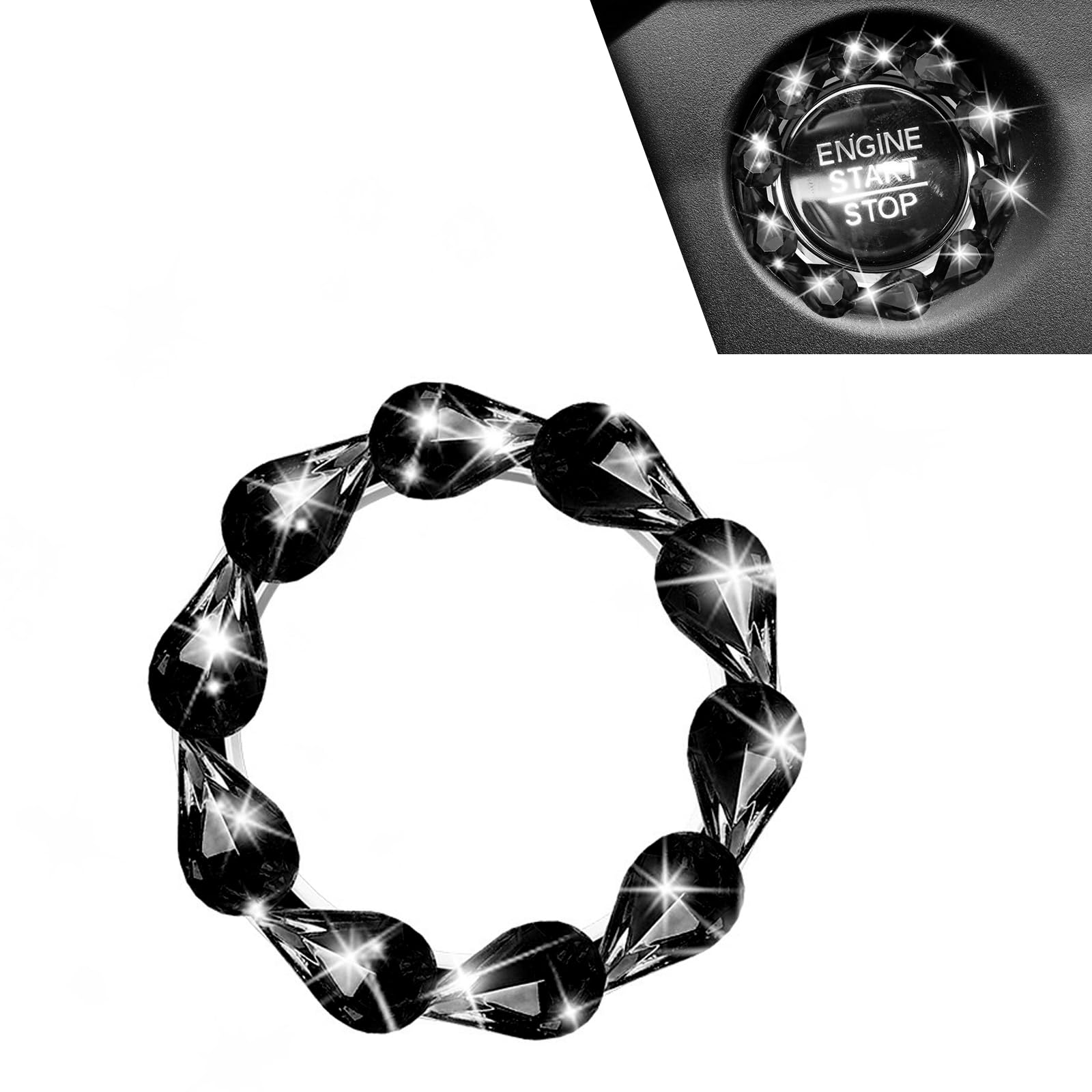 Bling Start Button Cover, Car Engine Start/Stop Decorative Ring for Women, Crystal Rhinestone Key Ignition Knob Ring, Car Button Cover Accessory (Black)-image-12