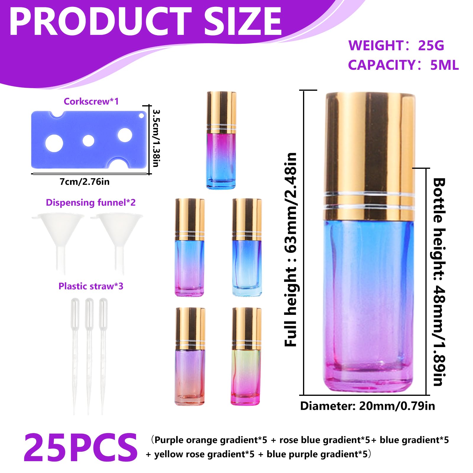Roll On Lot de 25 bouteilles en verre multicolore de 5 ml pour huile essentielle avec boules et accessoires en acier inoxydable