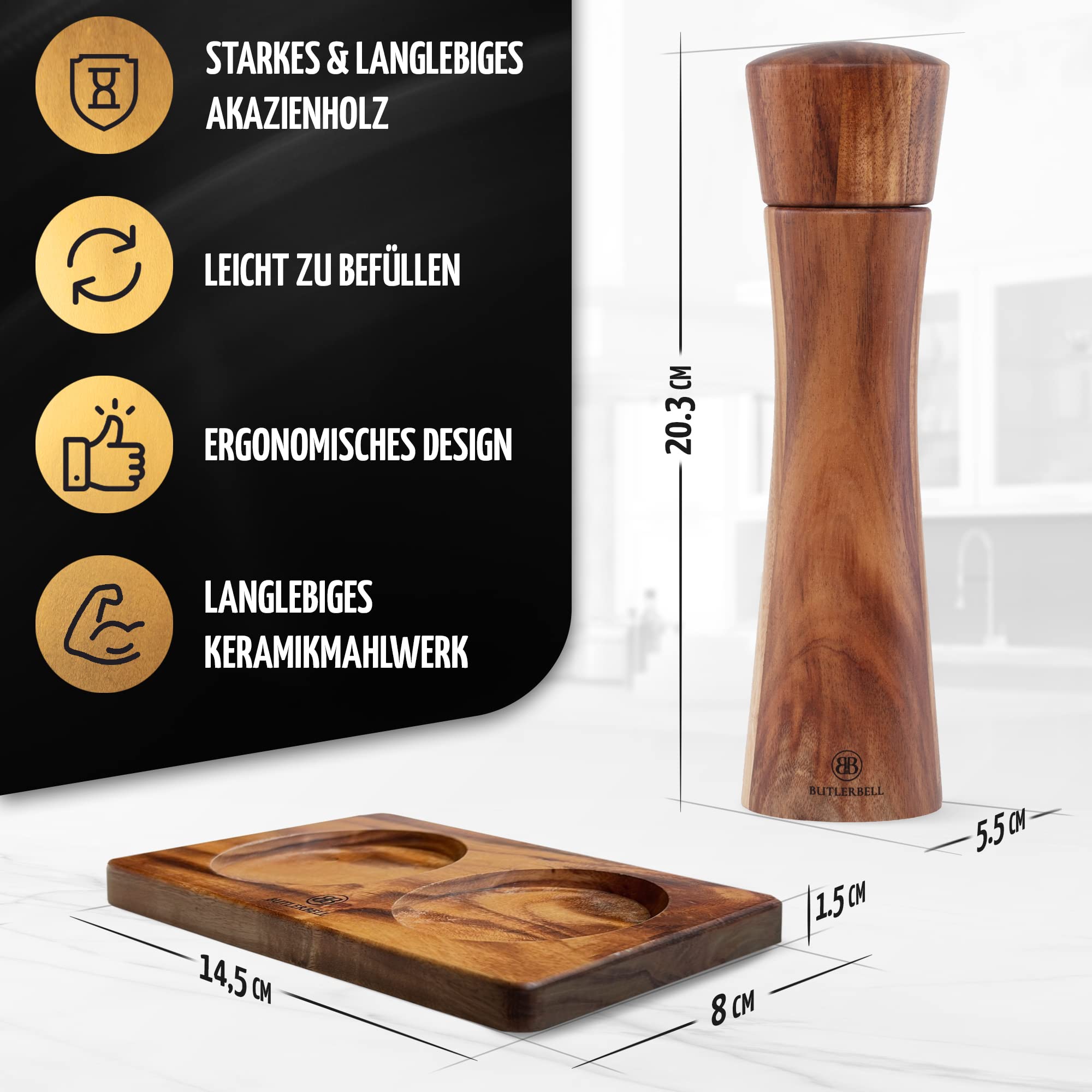 BUTLERBELL® Salz und Pfeffermühle Holz inkl. Untersetzer in Luxus Geschenkbox ideal als Hochzeitsgeschenk | Geschenke zur Hochzeit | Hochzeitsgeschenke für Brautpaar | Einweihungsgeschenk