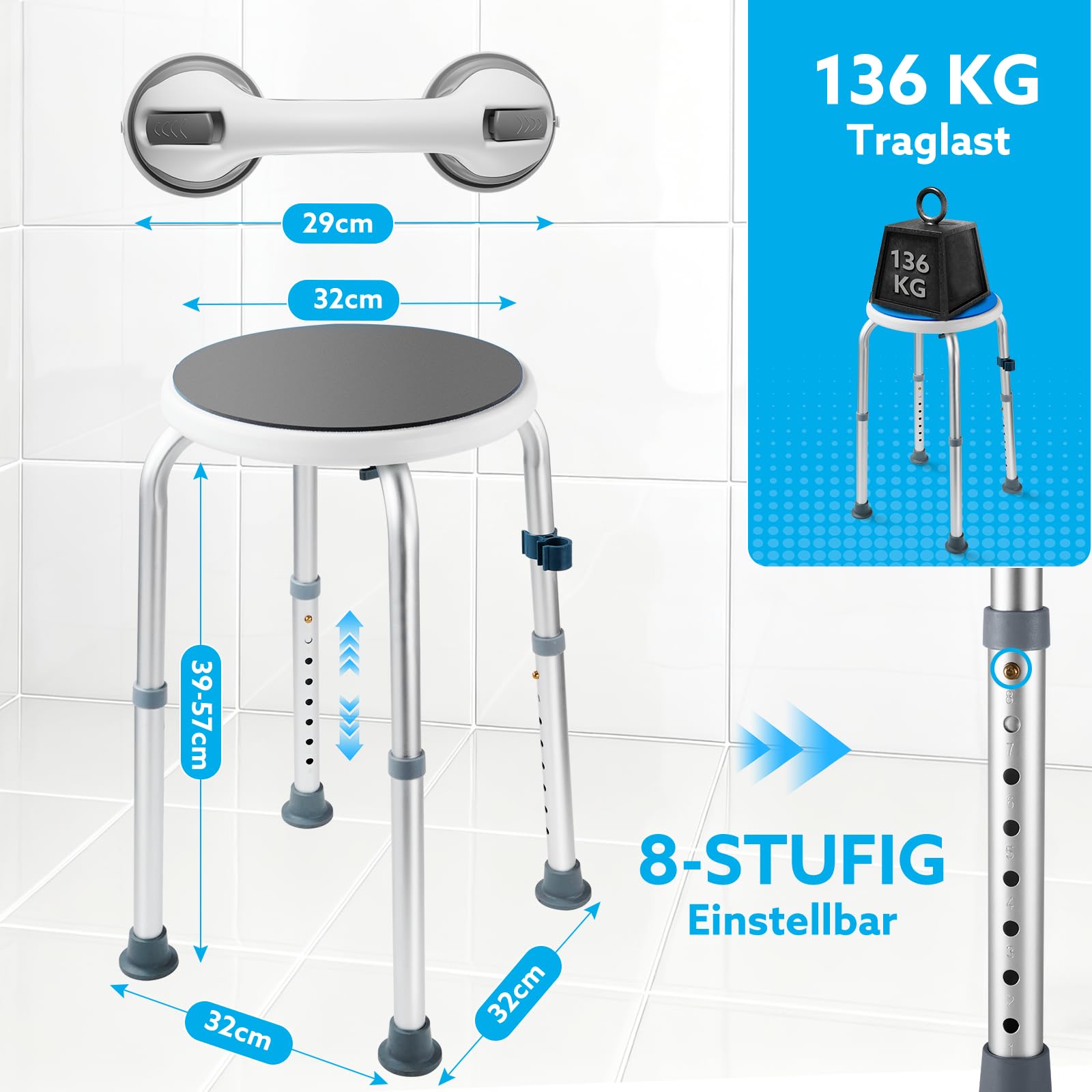 Duschhocker Höhenverstellbar 37-57cm, Duschstuhl 8 Stufen, Duschhocker für Senioren Belastbar bis 136kg, Badhocker mit Rutschfesten Gummifüßen für ältere Menschen, Senioren, Grau