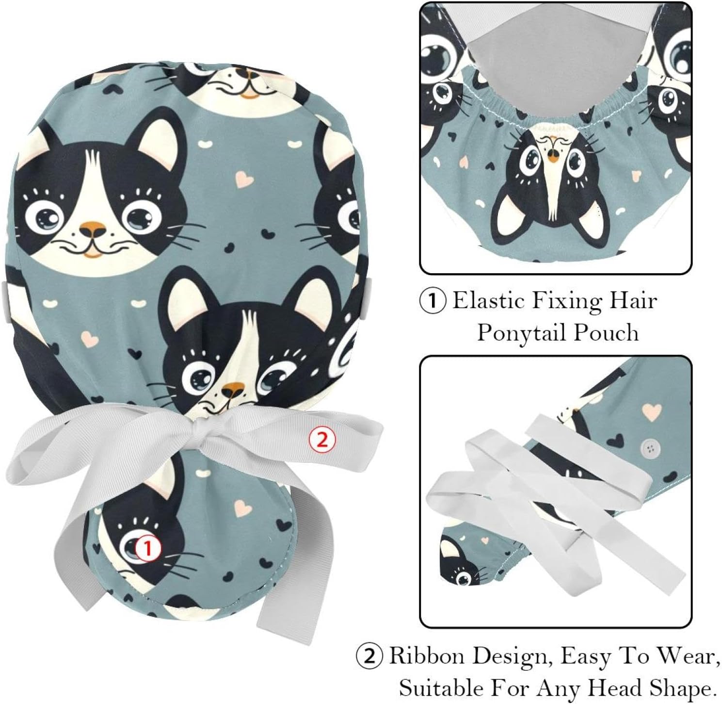 2 Packs Cat Dog Claw Adjustable Working Caps, Bouffant Hat with Buttons, Stretchy Band Tie Back Scrub Hats Women image 4