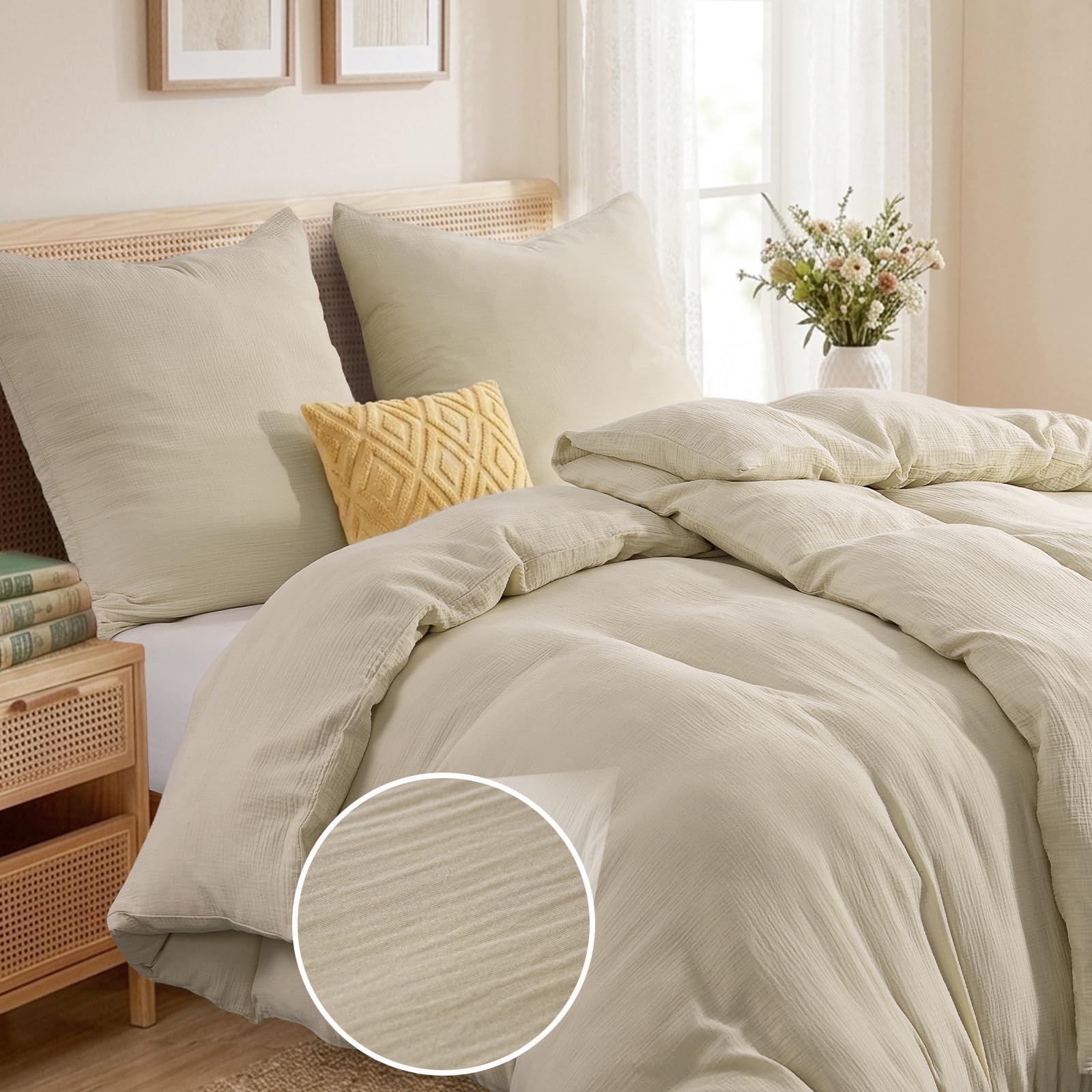 RUIKASI Musselin Bettwäsche 135x200 4teilig - Oeko-TEX Baumwolle Bettwäsche-Sets Beige mit Reißverschluss, atmungsaktive Sommer Bettbezug mit 2 Kissenbezüge 80x80 cm
