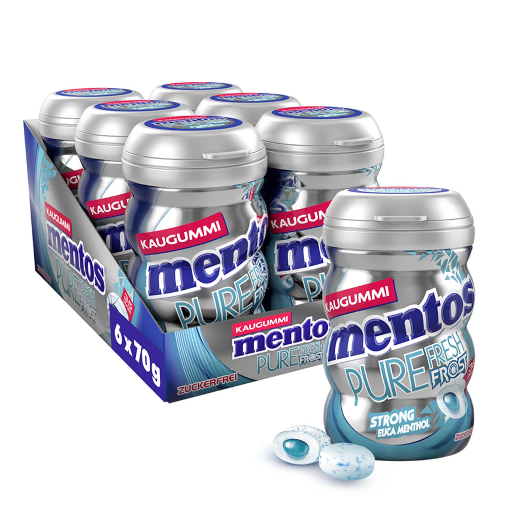 Mentos Kaugummi Pure Fresh Frost, 6 Boxen zuckerfreie Chewing Gum Dragees mit Menthol-Eukalyptus-Geschmack & flüssiger Füllung, Multipack (6 x 35 Stück)