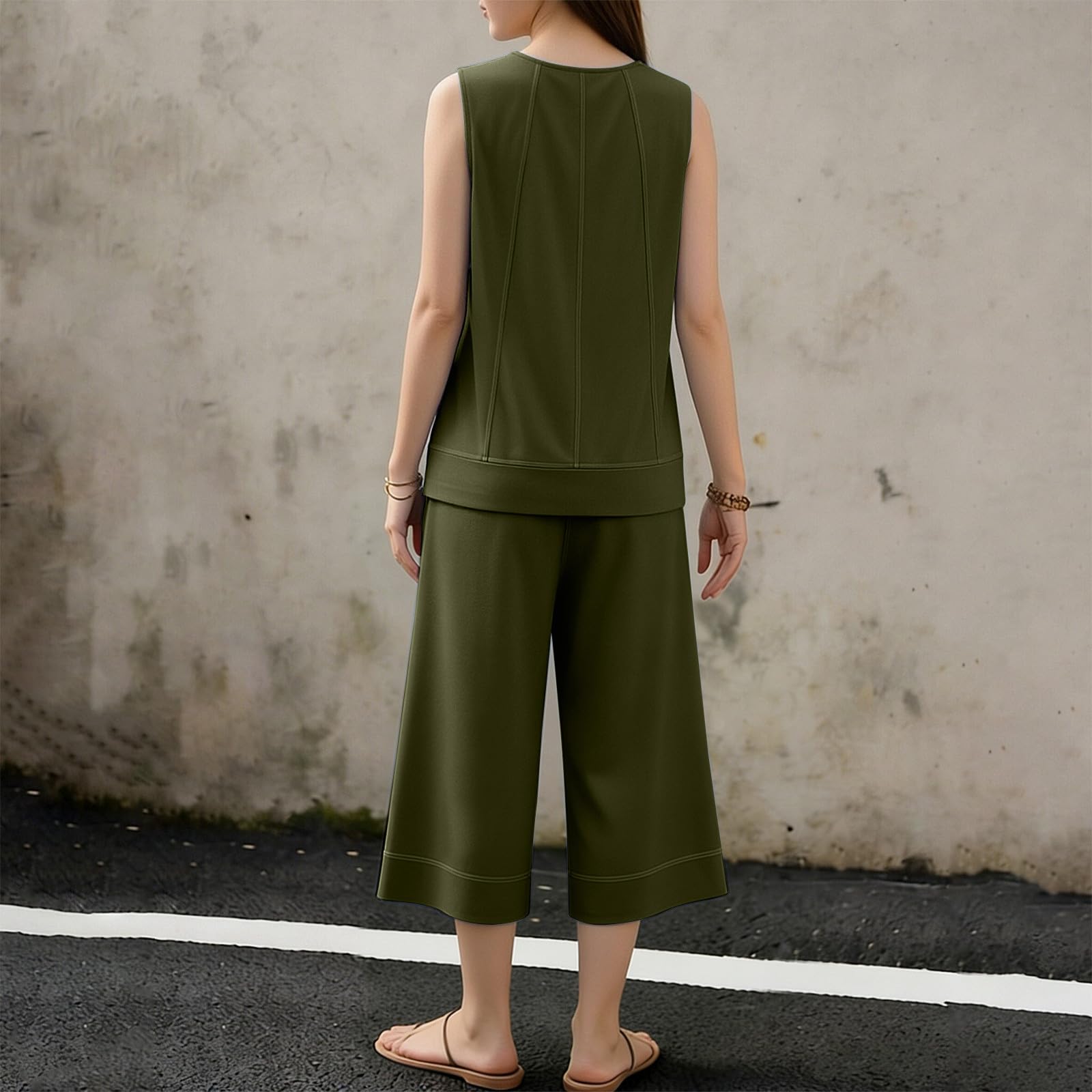 Traje de verano de dos piezas para mujer, sin mangas, monocolor, ropa de ocio, cómodo conjunto de camiseta y pantalones