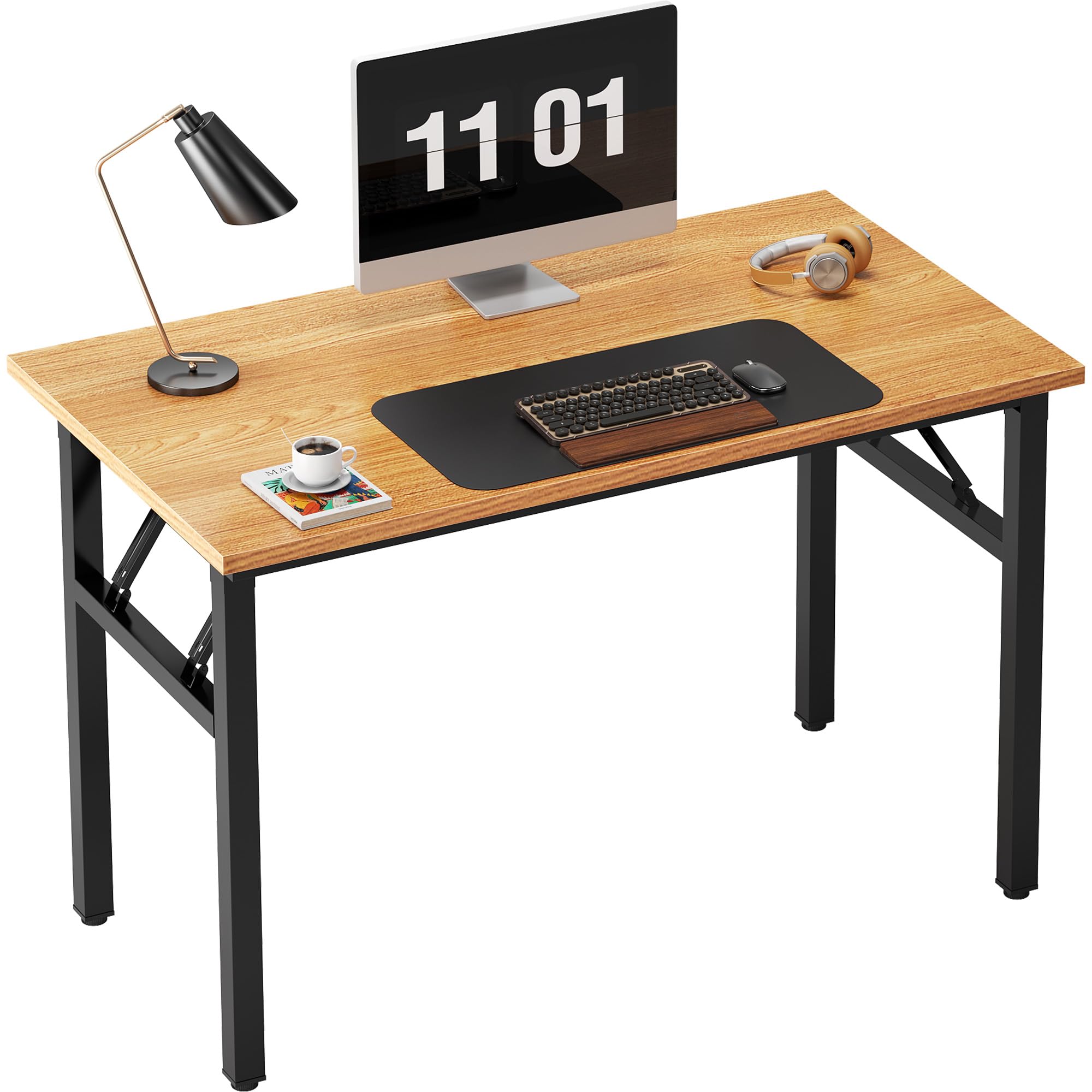 Need Folding Computer Desk - 39.4 Inch Foldable Office Writing Work Study Kids Student Teacher Home Bedroom Table for Small Space, Teak & Black