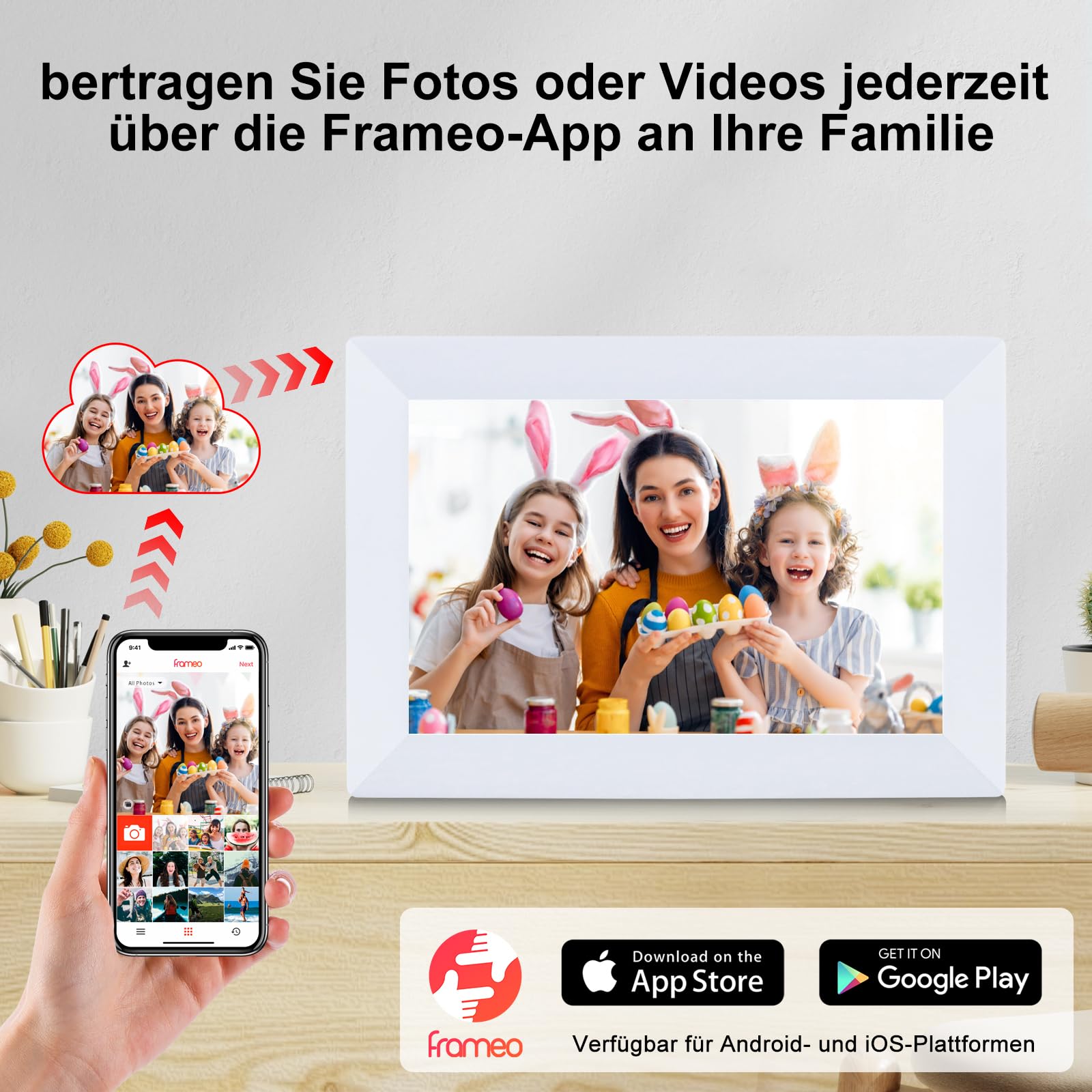 Frameo 10,1 Zoll WLAN Digitaler Bilderrahmen,1280x800 HD IPS Touchscreen Bilderrahmen,32GB Groß Speicher, Automatische Bilddrehung Unterstützt Wandmontage,Frameo APP Fotos Und Videos Jederzeit Teilen