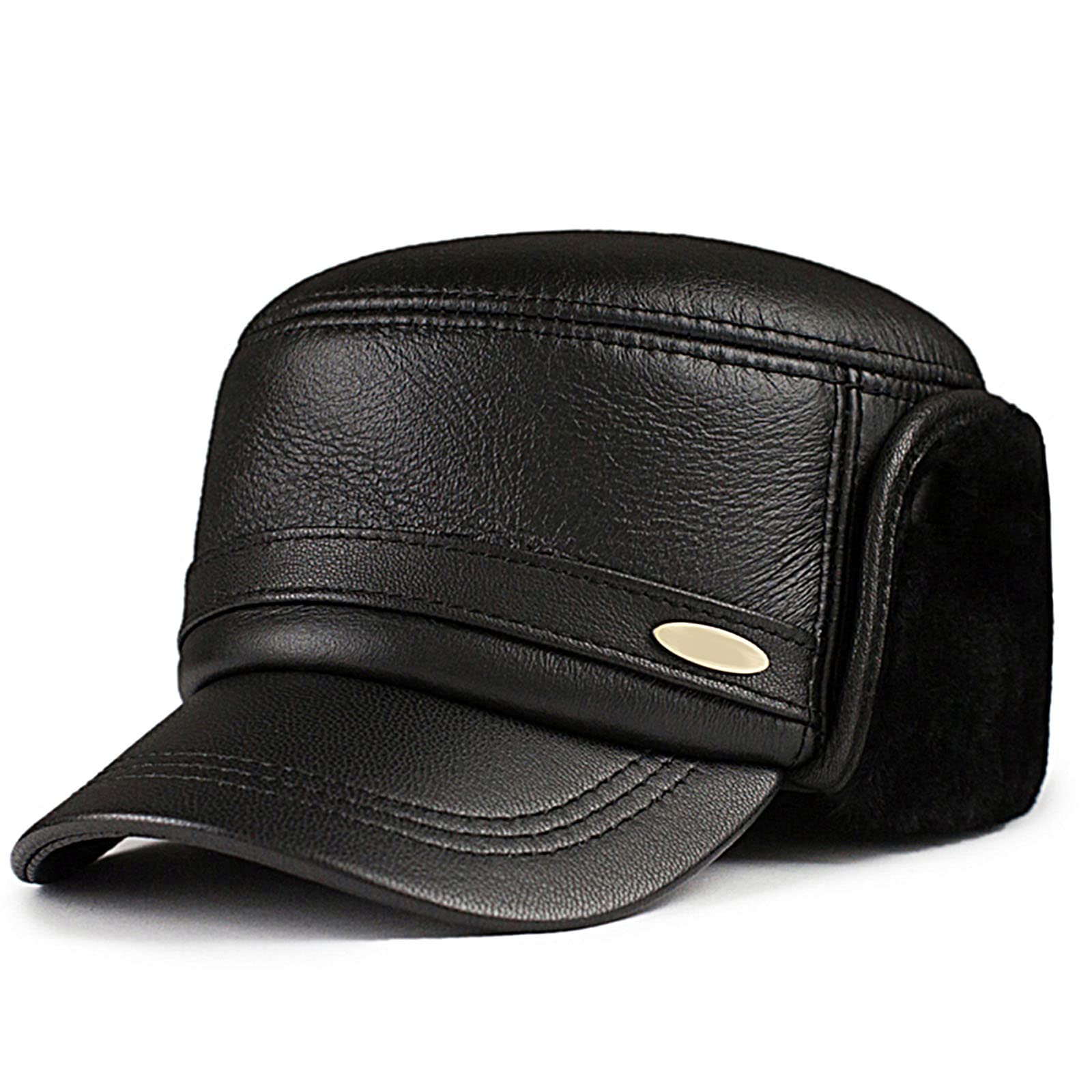 Czapki zimowe dla mężczyzn, czapka trapera ciepłe zimowe skórzane czapki czapka myśliwska z nausznikami, prezent dla taty chłopaka Unisex,Black,L(55~56cm)