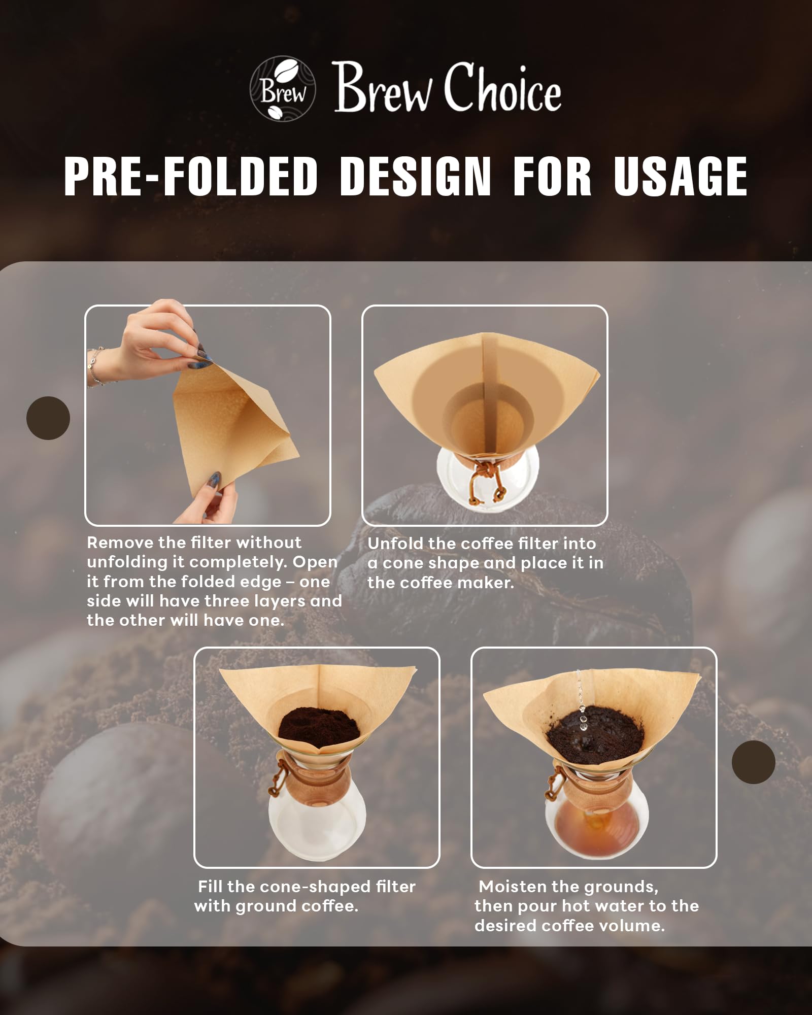 50 Filtres à Café Pré-Pliés 5-13 Tasses - Papier Naturel Non Blanchi - Compatible Pour-Over
