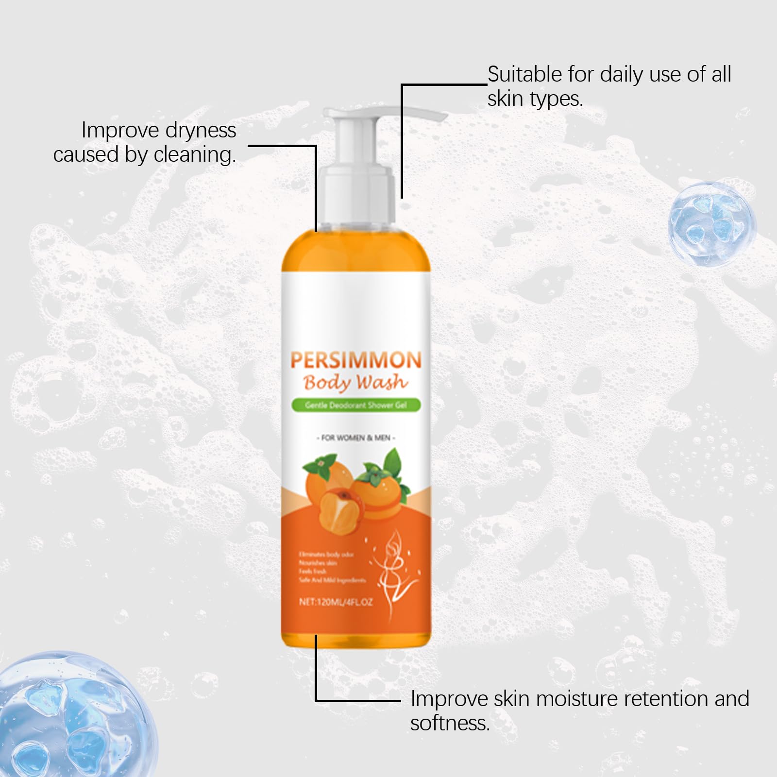 Persimmon żel pod prysznic przeciwko silnemu zapachowi ciała, naturalny żel pod prysznic z ekstraktem z zielonej herbaty, głęboko oczyszczający i nawilżający, dla mężczyzn i kobiet, świeży zapach, 120