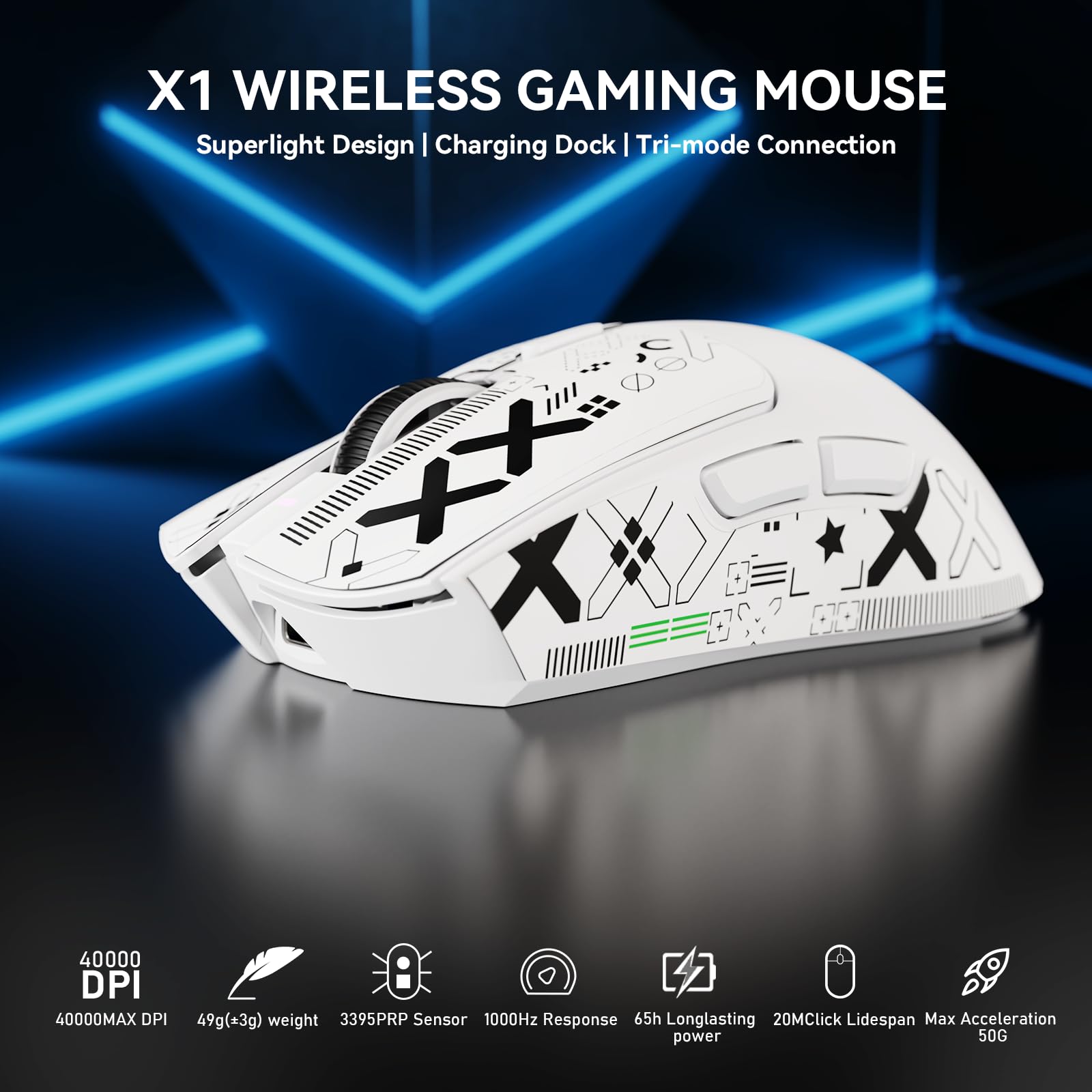 MAMBASNAKE x Attack Shark X1 Souris Gaming Légère avec Station de Charge, 49g Ultra-légère, Mice de Office Filaire/sans Fil BT/2,4G avec Grip Tape, Capteur PixArt PAW3395 Pro 40K PPP, PC/Mac - Blanc