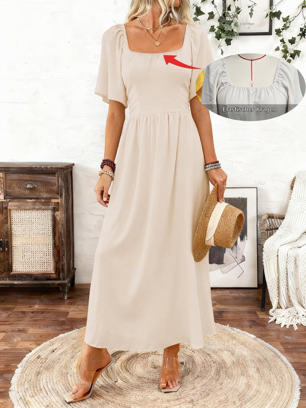 LIAMERHE Damen Kleid Maxi Kleid Elegant A-Linie Lang Freizeitkleid mit Karree-Ausschnitt Boho Strandkleid Vintage Hohe Taille Lässiges Partykleid