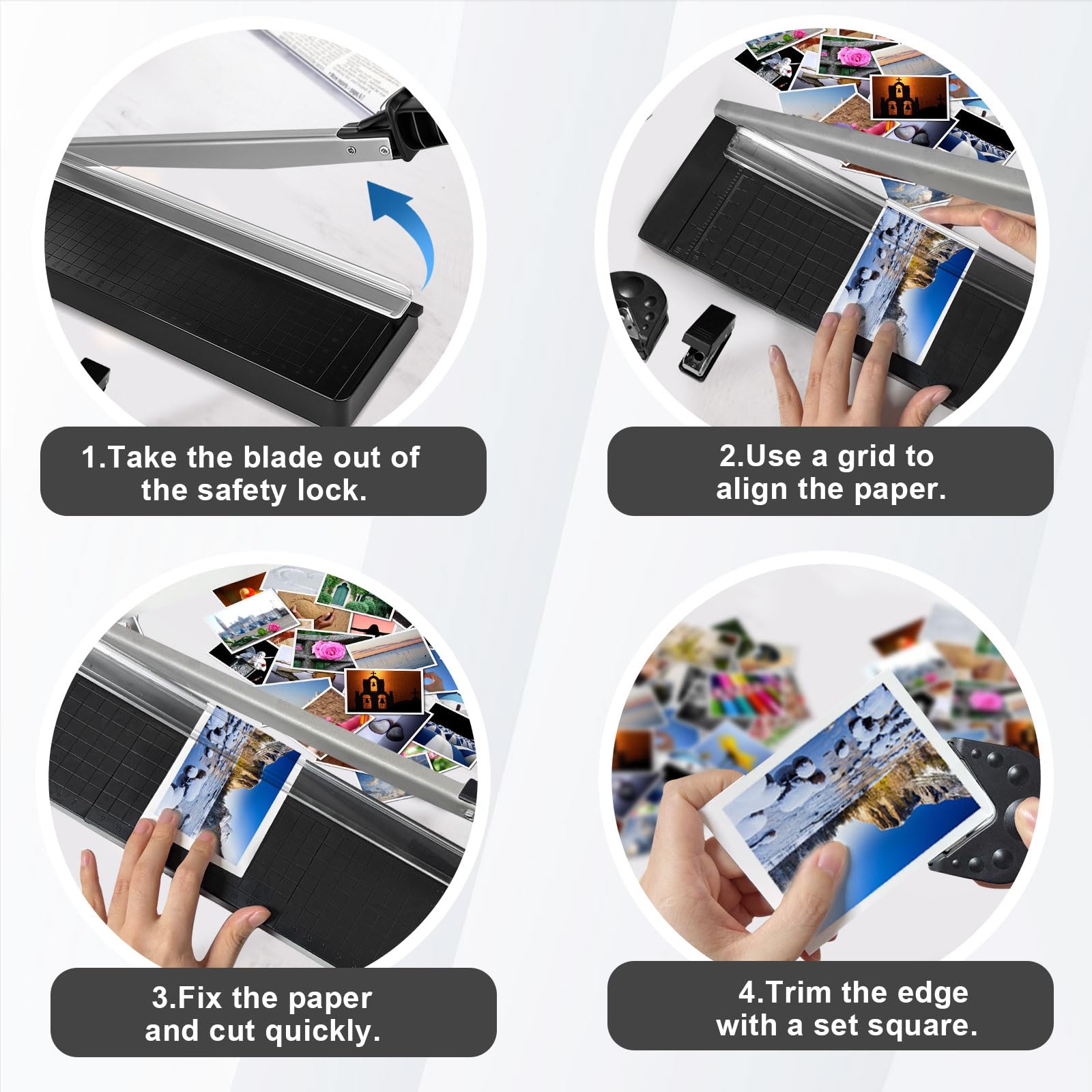 Cortador de papel A4,3 en una máquina de cortar, hasta 8 hojas A4-B7, cortador de papel manual de alto rendimiento con dispositivo de seguridad y bloqueo de hoja para papel, tarjetas, fotos