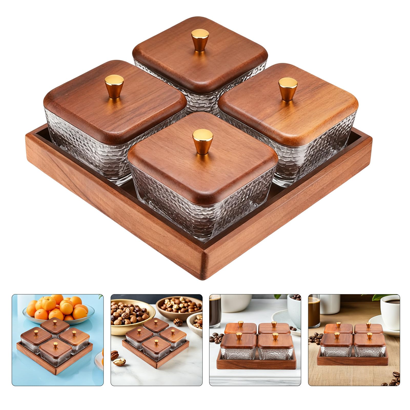Zerodeko Bandeja de Fruta de Madera y Vidrio con 4 Compartimentos, Diseño Dividido para Organizar Snacks y Mantener Frescos, Adecuado para Despensa de Cocina y Eventos al Aire Libre