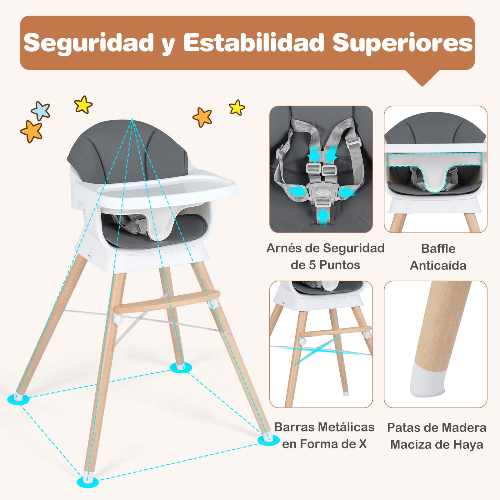 COSTWAY Trona Convertible para Bebés, Silla Alta de Alimentación Evolutiva con Bandeja y Cojín Desmontables, Arnés de 5 Puntos y Patas de Madera, Taburete Portátil Infantil para 6-36 Meses