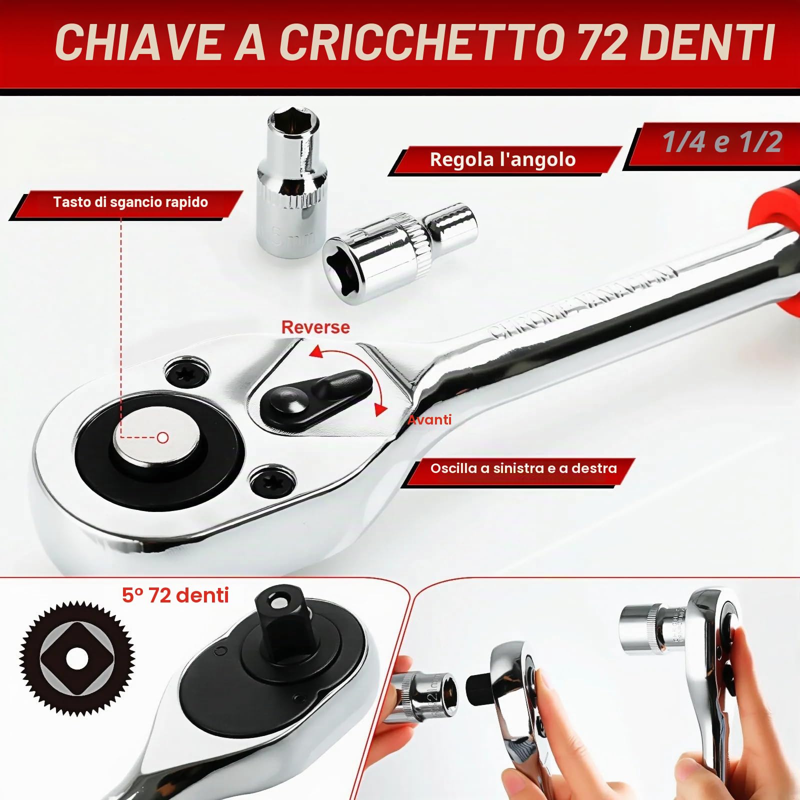 TLGREEN Set di chiavi a bussola da 108 pezzi set di chiavi a cricchetto Cr-V scatola a cricchetto scatola a cricchetto con inserto per chiave a bussola esagonale reversibile da 1/4" e 1/2" a 72 denti