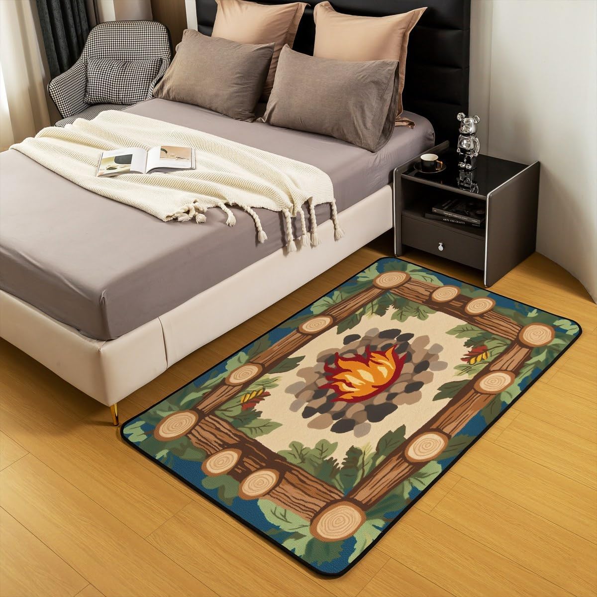 Erosebridal Camping Theme Area Rug 4'11" X 3'3" Campfire Living Room Rugs Vintage Wooden Tree Stump Decorative Carpet for Kids Woodland Plant Leaves Washable Indoor Floor Mat