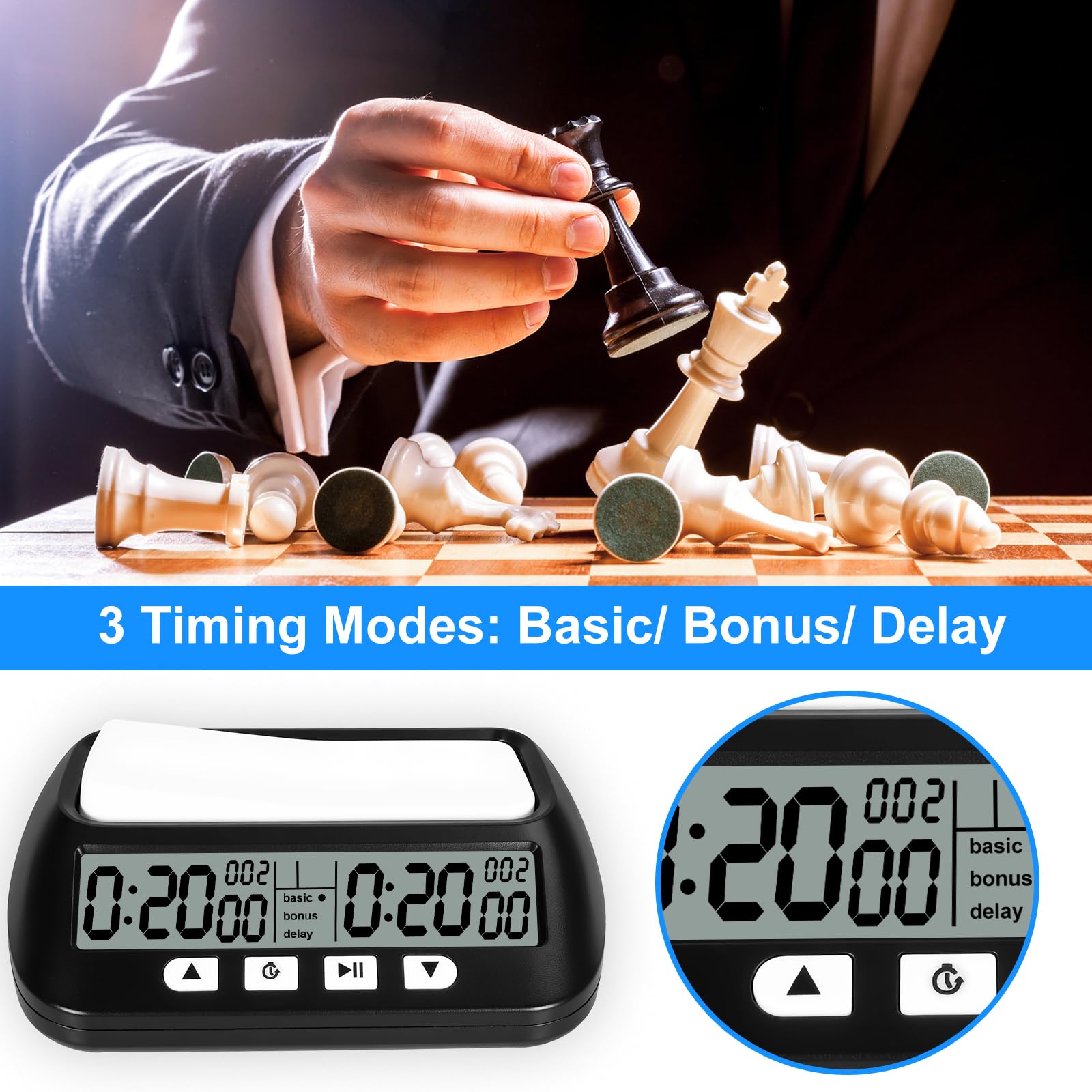 Horloge d'échecs Professionnelle​​,Minuteur d'échecs numérique Multifonction​​ – Compte à rebours/Bonus/délai,Commandes à 4 Boutons​​,​​Design compétition​​ pour Tournois et Jeux de société