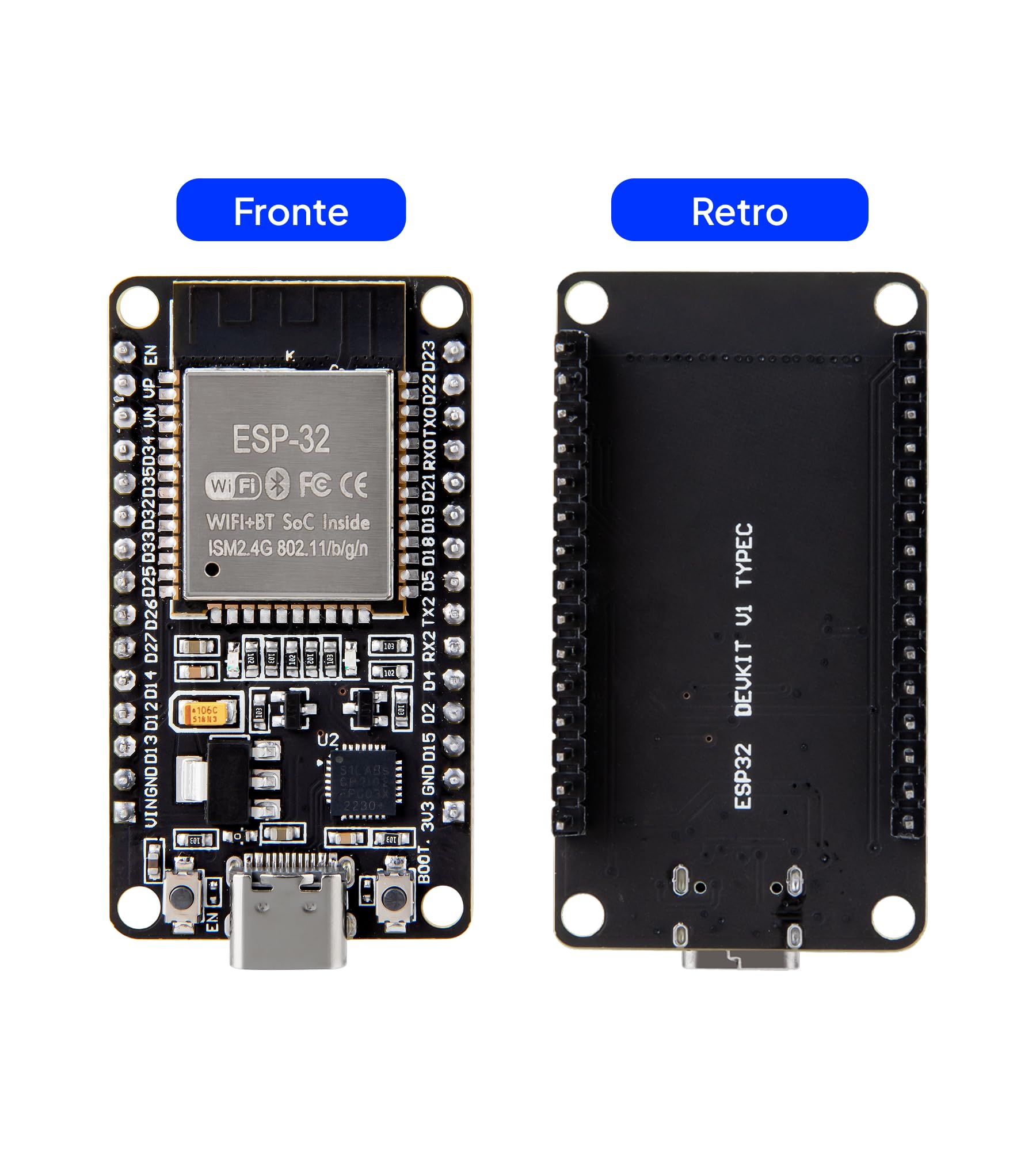 ELEGOO Scheda di Sviluppo ESP-32 3 Pezzi USB C, 2.4GHz Dual Mode WIFI+Bluetooth Microcontrollore Supporto Arduino, MicroPython, NodeMCU