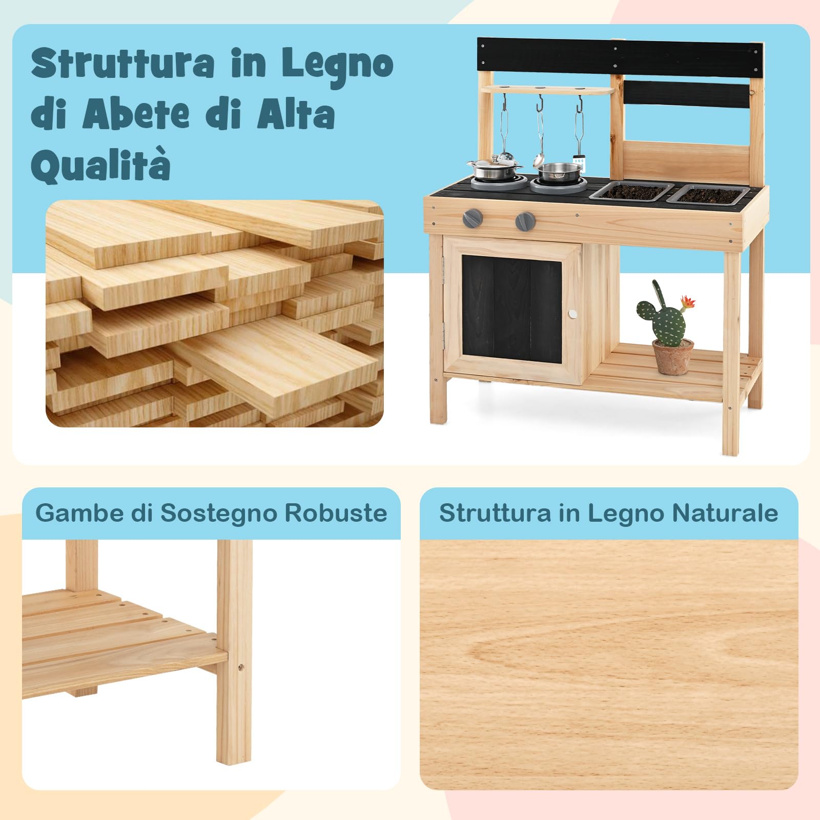 COSTWAY Cucina Giocattolo Bambini, Cucina da Esterno in Legno con 2 Lavandini Removibili, Piano Cottura e Utensili e Spazio di Archiviazione, 67 x 30 x 82 cm